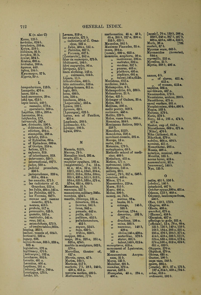 K (v. also C) Keres, 125 6. kerkides, 624 6. kerykeion, 288 a. Keryx, 210 6. klibanos, 916. korykos, 916. krater, 384 6. Kratos, 605 a. krobulos, 266 a. Jcyanos, 449. kybos, 184 6. Kynosarges, 37 6. Kypris, 39 a. L lampadarium, 1136. Lampetie, 476 a. lance, 558 a. land-surveyors, 20 a. lalid tax, 613 6. Zapis lazuli, 449 6. ,, manalis, 373 a. „ specularis, 360 a. Lapithse, 123 a, 298 a. Larensius, 80 a. latifundia, 176. latrunculi, 247 a. law, divinatio, 196 6. „ dokimasia, 197 a. „ edictum, 204 a. „ eisangelia, 208 a. „ ephetce, 215 a. „ of Ephialtes, 60 a. ,, of Epitadeus, 600 a. „ of Gortyn, 259 a. „ helicea, 273 6. „ infamia, 319. „ of inheritance, 319. „ intercessio, 320 6. „ international, 6076. „ judex, 330 a. „ judicial procedure, 330 6. „ jurisprudence, 339 a, 359 a, 664 a. „ lex annalis, 3716. „ Zc® iudiciaria of C. Gracchus, 222 a. ,, lex Iulia, 404 a, 541 a. „ lex Falcidia, 697 6. „ Ze® Focowia, 6976. ,, manus and manus iniectio, 375 6. „ nexum, 416 6. „ probole, 517 a. „ provocatio, 525 6. „ qucestio, 532 a. ,, restitutio, 541a. „ reus, 541 a. „ seisachtheia, 572 6. „ of twelve tables,662a. leaping, 262 6. leather, vessels of, 684 6. lecticarii, 592 a. legacy, 696. leqisactiones, 335 6,339 a, 505 a. legislation, 576 a. legitimacy, 376 6. [Zeitourgria], 132 a. Leochares, 382 6. Leontis, 481 a. Leontius, 466 a. Leptines, 181 a. [letters], 508 a, 700 a. Leucippus, 173 6. Leuko, 36. Levana, 319 a. lex annalis, 3716. ,, iudiciaria of 0. Grac¬ chus, 222 a. ,, Iulia, 404 a, 541 a. ,, Falcidia, 697 6. ,, Foccmia, 697 6. [Le®tarc7ii], 202 a. liber in mancipio, 375 6. libitinarii, 104 6. libri augurales, 86 a. libripens, 372 6. linen clothing, 143 a. ,, cuirasses, 634 6. Lipara, 11 6. lithostrotum, 402 6. ZiZZs cestimatio, 533 a. lodging-houses, 311 a. logic, 686. loom, 6966. lots, 599 a. luncheon, 384a. [Lupercalia], 232 a. Lyseos, 192 6. Lyceum, 68 6. [Lycurgus], 623 6. Lycus, son of Pandion, 455 a. Lygdamis, 289 6. Lysimache, 6 6. Lysippe, 386 6. Lyxos, 289 a. M Macaria, 312 6. Maccus, 79 6. Maenalian hind, 281 a. magic, 271 a. magister equitum, 185 a. | magistrates], 7 a, 15 a, 41a, 46 a, 59 a, 1216, 159 6,161 a, 184 6,204 a, 215 6, 218 a, 318 a, 334 a, 335 6,426 a, 5116,512 6, 524 a, 5256,533 a, 573 a, 574 a, 651a, 689 6. Mamerius, 31 6. manceps, 527 6. manoeuvres, military,346a. manteia, 434 6. mantle, chlamys, 131 a. „ himation, 295 a. „ lacerna, 341 6. „ Zcena, 342 a. „ pcenula, 442 a. ,, palla, 4516. „ pallium, 452 6. „ paludamentum, 452 6. ,, sagum, 5546. „ toga, 639 6. ,, tribon, 6506. mappce, 385 a. maps, 20 a, 223 a, 251a, 328 a, 4746. marble in sculpture, 562 6, 570 a. Marcellus, theatre of, 627 a. Marcia, aqua, 47 6. Marica, 344 6. Marinus, 517 6. markets, 7 6, 18 6, 2406, 420 a, 613 a. materia medica, 489 6. Mathematici, 77 6. mathematics, 45 a, 49 6, 65 a, 205 6, 227 a, 290 a, 355 6, 629 6. Mausolus, 382 6. Maximus Planudes, 35 a. maza, 384 a. [meals], 609 a, 653 a. measures, amphora, 30 a. „ medimnus, 386 a. „ metretes, 392 a. „ modius, 397 6. „ passus, 463 a. „ plethron, 495 a. „ stadium, 601 a. ,, ZaZe'?tt,146a,612a. Mecisteus, 612 a. medicine, 244 6. Melampodes, 9 6. Melampodidae, 6 6, 386 6. Melanchrus, 21 6. Melas, 425 6. Meleager of Gadara, 35 a. Meles, 3016. Melibcea, 366 a. melic poetry, 368 6. melinum, 448 a. Melito, 229 6. Melos, vases from, 666 a. Memmius, 364 6. Menippean Satires, 389 6, 558 6. Menodice, 3126. Menodotus, 216 a. merchant-vessels, 381a. Merops, 12 a. metce, 138 a. Metanira, 179 6. metaphysics, 68 6. Methodic school of medi¬ cine, 489 6. Metiadusa, 455 a. Metion, 171 a. metronomi, 1596. Metroum, 543 a. millers, 90 6. [rnimi], 79 6, 357 a, 5986. minium, 449 a. Minos, 171 a. Mnesarchus, 229 a. Moera, 315 6. Moero, 406 a. Molus, 390 6. money, as, 74 6. „ aureus, 88 a. „ banks, 916. „ coinage, 145 6, 595 6. „ daricus, 174 a. „ denarius, 182 6, 187 a. „ drachma, 198 a. „ mina, 393 6. „ nummus, 148 6, 420 a. „ o6oZos,146 a,420 a. ,, sestertius, 578 6. „ stater, 6016. „ talent,1456,612a. monopteros, 418 a. monument of Lysicrates, 369 a. Monumentum Ancyra- num, 31 6. Moros, 125 6. Mulciber, 6916. mundus, 373 a. murex, 528 6. Musagetes, 43 a, 284 a, 406 a. [music], 70 a, 139 6, 206 a, 2396,348 a, 367 6,407 6, 408 a, 419 a, 438 a, 556 6, Muth, 26 a. [709. mutuli, 57 b. My cense ware, 665 6. Myrmecides (toreutes), 644 a. myrmillo, 255 a. Myrsilus, 216. Myrtis, 368 6, 406 a. N names, 6 6. „ of slaves, 411 a, 412 a. ,, of women, 412 a. napkins, 385 a. narddnum, 427 a. Nausimedon, 172 6. Nausinicus, archon, 2086. Nausithous, 475 a. naval warfare, 581 a. Neoplatonism, 484 a,496 6. Nepos, 163 6. Neriene, 379 6. Nerio, 379 6. Nero, 55 a, 185 a, 474 6, 577 a. Nestor, cup of, 642 a. Nicosthenes, 669 a, 671a. [Nike], 470 6. Nike (Athene), 81 a. Nikothoe, 270 a. nobiles, 464 a, 494 6. nomina, 411 a. Nomothetai, 203 a. Nossis, 406 a. notation, musical, 408 a. Novellas, 165 6. novus homo, 419 a. nummularii, 92 a. [mtmmas], 148 6. Nyx, 125 6. O oaths, 451 6, 550 6. [o6oZos], 146 6. octachord, 407 6. October equus,380 a, 451 a. Odeum, 113 6, 409 a. Odyssey, landscapes from, 4466. CEax, 119 6, 172 6. (Eagrus, 438 a. (Eneis, 488 a. oenochoe, 675 a. [CEnone], 4586. (Enopion, 437 a. offerings to gods, 551 a. [officials], 12 a, 78 a, 89a, 1216,126 6,149 a, 159 6, 168 6,184 a, 203 a, 221a, 236 a, 276 6,2946,371a, 414 6,419 a, 503 6,5116, 524 a, 533 a, 534 a, 572 a, 574 a,596 a, 612 a, 624 6, 651 a, 689 6. Okypete, 270 a. Okythoe, 270 a. Olorus, 635 a. Onetor, 180 6. onyx vase, 248 6. opson, 384 a. [oracle], 26 6, 27 a, 175 6, 197 a, 614 6,660 a, 704 6. orbes, 610 a. ordinarii, 592 6.