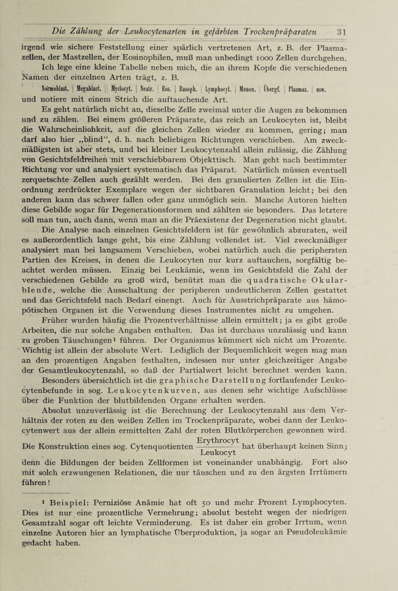 irgend wie sichere Feststellung einer spärlich vertretenen Art, z. B. der Plasma¬ zellen, der Mastzellen, der Eosinophilen, muß man unbedingt 1000 Zellen durchgehen. Ich lege eine kleine Tabelle neben mich, die an ihrem Kopfe die verschiedenen Namen der einzelnen Arten trägt, z. B. No'rmoblast. j Megablast. Myclocyt. | Ncutr. Eos. | Basopli. Lymphocyt. J Mono«. Übergf. j Plasmaz. j usw. und notiere mit einem Strich die auftauchende Art. Es geht natürlich nicht an, dieselbe Zelle zweimal unter die Augen zu bekommen und zu zählen. Bei einem größeren Präparate, das reich an Leukocyten ist, bleibt die Wahrscheinlichkeit, auf die gleichen Zellen wieder zu kommen, gering; man darf also hier ,,blind“, d. h. nach beliebigen Richtungen verschieben. Am zweck¬ mäßigsten ist aber stets, und bei kleiner Leukocytenzahl allein zulässig, die Zählung von GesichtsfeldtCihen mit verschiebbarem Objekttisch. Man geht nach bestimmter Richtung vor und analysiert systematisch das Präparat. Natürlich müssen eventuell zerquetschte Zellen auch gezählt werden. Bei den granulierten Zellen ist die Ein¬ ordnung zerdrückter Exemplare wegen der sichtbaren Granulation leicht; bei den anderen kann das schwer fallen oder ganz unmöglich sein. Manche Autoren hielten diese Gebilde sogar für Degenerationsformen und zählten sie besonders. Das letztere soll man tun, auch dann, wenn man an die Präexistenz der Degeneration nicht glaubt. Die Analyse nach einzelnen Gesichtsfeldern ist für gewöhnlich abzuraten, weil es außerordentlich lange geht, bis eine Zählung vollendet ist. Viel zweckmäßiger analysiert man bei langsamem Verschieben, wobei natürlich auch die periphersten Partien des Kreises, in denen die Leukocyten nur kurz auftauchen, sorgfältig be¬ achtet werden müssen. Einzig bei Leukämie, wenn im Gesichtsfeld die Zahl der verschiedenen Gebilde zu groß wird, benützt man die quadratische Okular¬ blende, welche die Ausschaltung der peripheren undeutlicheren Zellen gestattet und das Gerichtsfeld nach Bedarf einengt. Auch für Ausstrichpräparate aus hämo- pötischen Organen ist die Verwendung dieses Instrumentes nicht zu umgehen. Früher wurden häufig die Prozentverhältnisse allein ermittelt; ja es gibt große Arbeiten, die nur solche Angaben enthalten. Das ist durchaus unzulässig und kann zu groben Täuschungen1 führen. Der Organismus kümmert sich nicht um Prozente. Wichtig ist allein der absolute Wert.- Lediglich der Bequemlichkeit wegen mag man an den prozentigen Angaben festhalten, indessen nur unter gleichzeitiger Angabe der Gesamtleukocytenzahl, so daß der Partialwert leicht berechnet werden kann. Besonders übersichtlich ist die graphische Darstellung fortlaufender Leuko- cytenbefunde in sog. Leukocytenkurven, aus denen sehr wichtige Aufschlüsse über die Funktion der blutbildenden Organe erhalten werden. Absolut unzuverlässig ist die Berechnung der Leukocytenzahl aus dem Ver¬ hältnis der roten zu den weißen Zellen im Trockenpräparate, wobei dann der Leuko- cytenwert aus der allein ermittelten Zahl der roten Blutkörperchen gewonnen wird. Erythrocyt Die Konstruktion eines sog. Cytenquotienten-hat überhaupt keinen Sinn; Leukocyt denn die Bildungen der beiden Zellformen ist voneinander unabhängig. Fort also mit solch erzwungenen Relationen, die nur täuschen und zu den ärgsten Irrtümern führen! 1 Beispiel: Perniziöse Anämie hat oft 50 und mehr Prozent Lymphocyten. Dies ist nur eine prozentliche Vermehrung; absolut besteht wegen der niedrigen Gesamtzahl sogar oft leichte Verminderung. Es ist daher ein grober Irrtum, wenn einzelne Autoren hier an lymphatische Überproduktion, ja sogar an Pseudoleukämie gedacht haben.