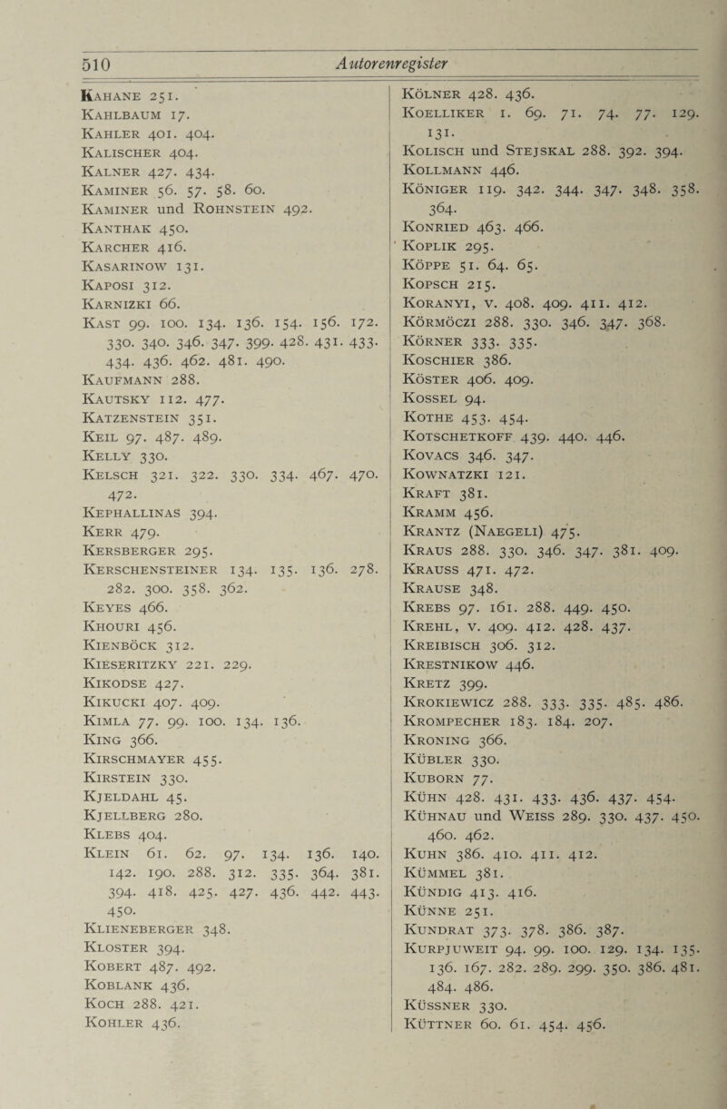 Kahane 251. Kölner 428. 436. Kahlbaum 17. Koelliker 1. 69. 71. 74. 77. 129. Kahler 401. 404. 131- Kalischer 404. Kolisch und Stejskal 288. 392. 394. Kalner 427. 434. Kollmann 446. Kaminer 56. 57. 58. 60. Königer 119. 342. 344. 347. 348. 358. Kaminer und Rohnstein 492. 364- Kanthak 450. Konried 463. 466. Karcher 416. ' Koplik 295. Kasarinow 131. Koppe 51. 64. 65. Kaposi 312. Kopsch 215. Karnizki 66. Koranyi, v. 408. 409. 411. 412. Käst 99. 100. 134. 136. 154. 156. 172. Körmöczi 288. 330. 346. 347. 368. 330. 340. 346. 347. 399. 428. 431- 433- Körner 333. 335. 434. 436. 462. 481. 490. Koschier 386. Kaufmann 288. Köster 406. 409. Kautsky 112. 477. Kossel 94. Katzenstein 351. Kothe 453. 454. Keil 97. 487. 489. Kotschetkoff 439. 440. 446. Kelly 330. Kovacs 346. 347. Kelsch 321. 322. 330. 334. 467- 470- Kownatzki 121. 472. Kraft 381. Kephallinas 394. Kramm 456. Kerr 479. Krantz (Naegeli) 475. Kersberger 295. Kraus 288. 330. 346. 347. 381. 409. Kerschensteiner 134. 135. 136. 278. Krauss 471. 472. 282. 300. 358. 362. Krause 348. Keyes 466. Krebs 97. 161. 288. 449. 450. Khouri 456. Krehl, v. 409. 412. 428. 437. Kienböck 312. Kreibisch 306. 312. Kieseritzky 221. 229. Krestnikow 446. Kikodse 427. Kretz 399. Kikucki 407. 409. Krokiewicz 288. 333. 335. 485. 486. Kimla 77. 99. 100. 134. 136. Krompecher 183. 184. 207. King 366. Kroning 366. Kirschmayer 455. Kübler 330. Kirstein 330. Kuborn 77. Kjeldahl 45. Kühn 428. 431. 433. 436. 437. 454. Kjellberg 280. Kühnau und Weiss 289. 330. 437. 450. Klebs 404. 460. 462. Klein 61. 62. 97. 134. 136. 140. Kuhn 386. 410. 411. 412. 142. 190. 288. 312. 335. 364. 381. Kümmel 381. 394. 418. 425. 427. 436. 442. 443. Kündig 413. 416. 450. Künne 251. Klieneberger 348. Kundrat 373. 378. 386. 387. Kloster 394. Kurpjuweit 94. 99. 100. 129. 134. 135. Kobert 487. 492. 136. 167. 282. 289. 299. 350. 386. 481. Koblank 436. 484. 486. Koch 288. 421. Küssner 330. Köhler 436. Küttner 60. 61. 454. 456.