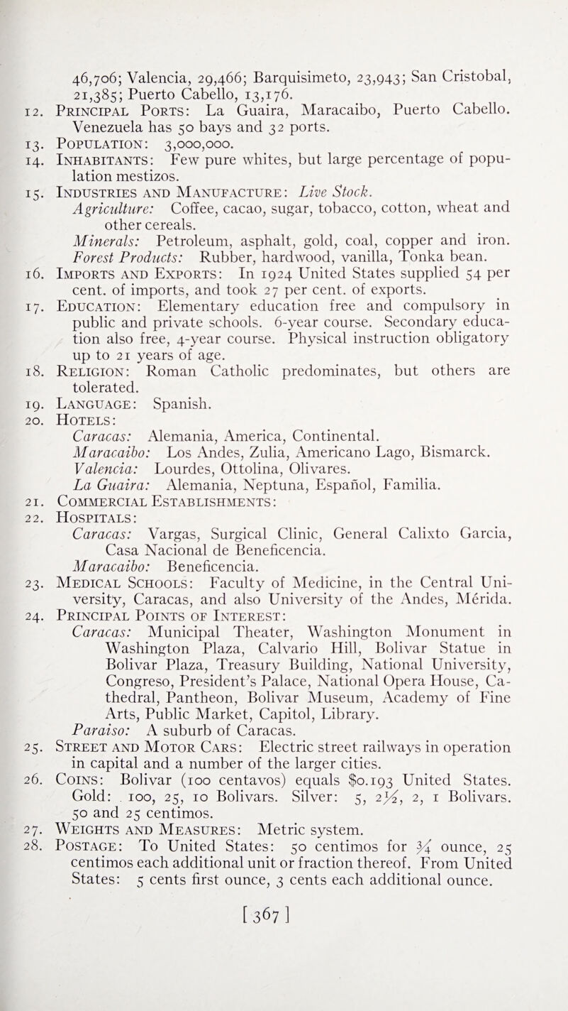 46,706; Valencia, 29,466; Barquisimeto, 23,943; San Cristobal, 21,385; Puerto Cabello, 13,176. 12. Principal Ports: La Guaira, Maracaibo, Puerto Cabello. Venezuela has 50 bays and 32 ports. 13. Population: 3,000,000. 14. Inhabitants: Few pure whites, but large percentage of popu¬ lation mestizos. 15. Industries and Manufacture: Live Stock. Agriculture: Coffee, cacao, sugar, tobacco, cotton, wheat and other cereals. Minerals: Petroleum, asphalt, gold, coal, copper and iron. Forest Products: Rubber, hardwood, vanilla, Tonka bean. 16. Imports and Exports: In 1924 United States supplied 54 per cent, of imports, and took 27 per cent, of exports. 17. Education: Elementary education free and compulsory in public and private schools. 6-year course. Secondary educa¬ tion also free, 4-year course. Physical instruction obligatory up to 21 years of age. 18. Religion: Roman Catholic predominates, but others are tolerated. 19. Language: Spanish. 20. Hotels: Caracas: Alemania, America, Continental. Maracaibo: Los Andes, Zulia, Americano Lago, Bismarck. Valencia: Lourdes, Ottolina, Olivares. La Guaira: Alemania, Neptuna, Espanol, Familia. 21. Commercial Establishments : 22. Hospitals: Caracas: Vargas, Surgical Clinic, General Calixto Garcia, Casa Nacional de Benehcencia. Maracaibo: Benehcencia. 23. Medical Schools: Faculty of Medicine, in the Central Uni¬ versity, Caracas, and also University of the Andes, Merida. 24. Principal Points of Interest: Caracas: Municipal Theater, Washington Monument in Washington Plaza, Calvario Hill, Bolivar Statue in Bolivar Plaza, Treasury Building, National University, Congreso, President’s Palace, National Opera House, Ca¬ thedral, Pantheon, Bolivar Museum, Academy of Fine Arts, Public Market, Capitol, Library. Paraiso: A suburb of Caracas. 25. Street and Motor Cars: Electric street railways in operation in capital and a number of the larger cities. 26. Coins: Bolivar (100 centavos) equals $0,193 United States. Gold: . 100, 25, 10 Bolivars. Silver: 5, 2^2, 2, 1 Bolivars. 50 and 25 centimos. 27. Weights and Measures: Metric system. 28. Postage: To United States: 50 centimos for pi ounce, 25 centimos each additional unit or fraction thereof. From United States: 5 cents first ounce, 3 cents each additional ounce.