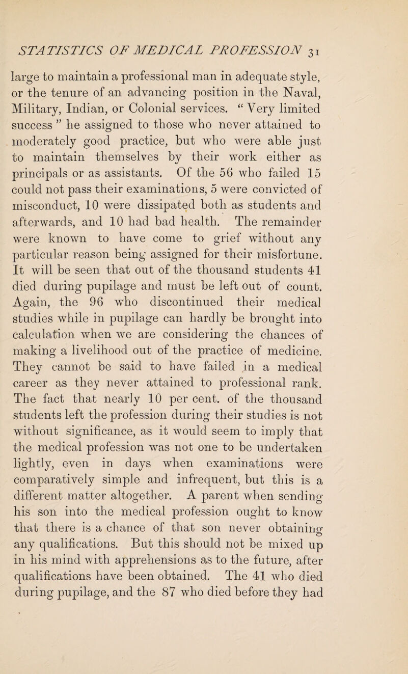 large to maintain a professional man in adequate style, or the tenure of an advancing position in the Naval, Military, Indian, or Colonial services. “Very limited success ” he assigned to those who never attained to moderately good practice, but who were able just to maintain themselves by their work either as principals or as assistants. Of the 56 who failed 15 could not pass their examinations, 5 were convicted of misconduct, 10 were dissipated both as students and afterwards, and 10 had bad health. The remainder were known to have come to grief without any particular reason being assigned for their misfortune. It will be seen that out of the thousand students 41 died during pupilage and must be left out of count. Again, the 96 who discontinued their medical studies while in pupilage can hardly be brought into calculation when we are considering the chances of making a livelihood out of the practice of medicine. They cannot be said to have failed in a medical career as they never attained to professional rank. The fact that nearly 10 per cent, of the thousand students left the profession during their studies is not without significance, as it would seem to imply that the medical profession was not one to be undertaken lightly, even in days when examinations were comparatively simple and infrequent, but this is a different matter altogether. A parent when sending his son into the medical profession ought to know that there is a chance of that son never obtaining any qualifications. But this should not be mixed up in his mind with apprehensions as to the future, after qualifications have been obtained. The 41 who died during pupilage, and the 87 who died before they had