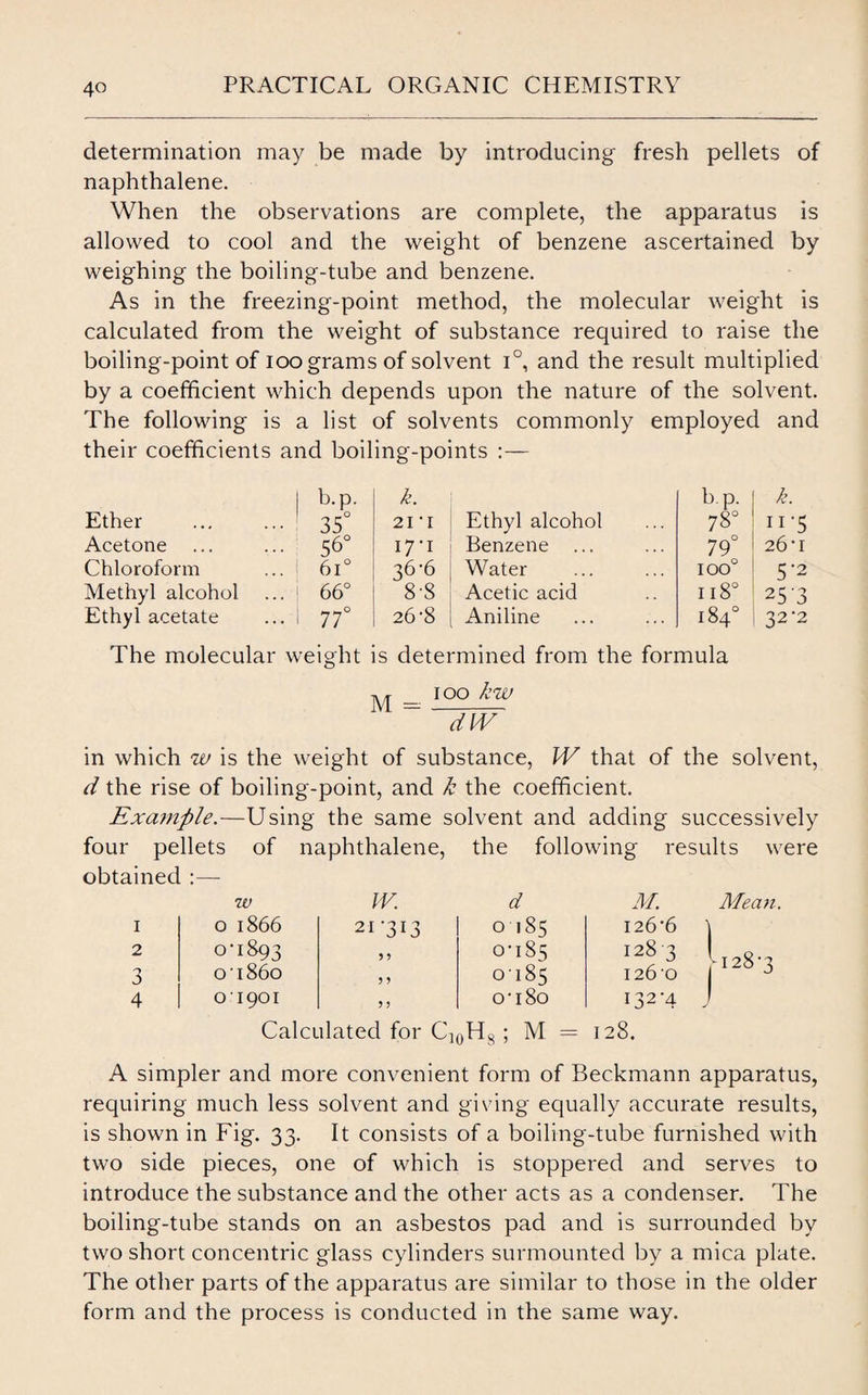 determination may be made by introducing fresh pellets of naphthalene. When the observations are complete, the apparatus is allowed to cool and the weight of benzene ascertained by weighing the boiling-tube and benzene. As in the freezing-point method, the molecular weight is calculated from the weight of substance required to raise the boiling-point of ioo grams of solvent i°, and the result multiplied by a coefficient which depends upon the nature of the solvent. The following is a list of solvents commonly employed and their coefficients and boiling-points :— Ether b.p. 35° k. 21 -i Ethyl alcohol b.p. 7§° k. 11 ‘5 Acetone 56° 17-1 Benzene ... 79° 26*1 Chloroform 6i° 36b Water ioo° 5'2 Methyl alcohol 66° 8-8 Acetic acid 118° 25B Ethyl acetate 77° 26 ‘8 Aniline 184° 32 *2 The molecular weight is determined from the formula M = ioo kw dW in which w is the weight of substance, W that of the solvent, d the rise of boiling-point, and k the coefficient. Example.—Using the same solvent and adding successively four pellets of naphthalene, the following results were obtained :— w IV. d M. Mean. 1 0 1866 21 -313 0-185 126-6 \ 2 0-1893 > 5 0-185 1283 I 3 o-i86o 5 > 0185 126-0 j 4 01901 5 J o-180 132-4 J Calculated for C10H8 ; M = 128. A simpler and more convenient form of Beckmann apparatus, requiring much less solvent and giving equally accurate results, is shown in Fig. 33. It consists of a boiling-tube furnished with two side pieces, one of which is stoppered and serves to introduce the substance and the other acts as a condenser. The boiling-tube stands on an asbestos pad and is surrounded by two short concentric glass cylinders surmounted by a mica plate. The other parts of the apparatus are similar to those in the older form and the process is conducted in the same way.