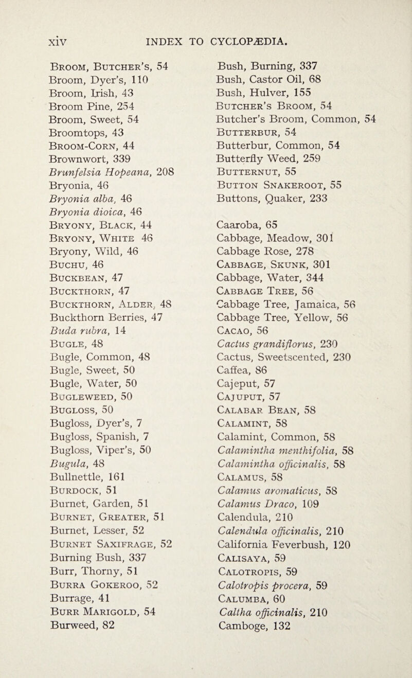 Broom, Butcher’s, 54 Broom, Dyer’s, 110 Broom, Irish, 43 Broom Pine, 254 Broom, Sweet, 54 Broomtops, 43 Broom-Corn, 44 Brown wort, 339 Brunfelsia Hopeana, 208 Bryonia, 46 Bryonia alba, 46 Bryonia dioica, 46 Bryony, Black, 44 Bryony, White 46 Bryony, Wild, 46 Buchu, 46 Buckbean, 47 Buckthorn, 47 Buckthorn, Alder. 48 Buckthorn Berries, 47 Buda rubra, 14 Bugle, 48 Bugle, Common, 48 Bugle, Sweet, 50 Bugle, Water, 50 Bugleweed, 50 Bugloss, 50 Bugloss, Dyer’s, 7 Bugloss, Spanish, 7 Bugloss, Viper’s, 50 Bugula, 48 Bullnettle, 161 Burdock, 51 Burnet, Garden, 51 Burnet, Greater, 51 Burnet, Lesser, 52 Burnet Saxifrage, 52 Burning Bush, 337 Burr, Thorny, 51 Burra Gokeroo, 52 Burrage, 41 Burr Marigold, 54 Burweed, 82 Bush, Burning, 337 Bush, Castor Oil, 68 Bush, Hulver, 155 Butcher’s Broom, 54 Butcher’s Broom, Common, 54 Butterbur, 54 Butterbur, Common, 54 Butterfly Weed, 259 Butternut, 55 Button Snakeroot, 55 Buttons, Quaker, 233 Caaroba, 65 Cabbage, Meadow, 301 Cabbage Rose, 278 Cabbage, Skunk, 301 Cabbage, Water, 344 Cabbage Tree, 56 Cabbage Tree, Jamaica, 56 Cabbage Tree, Yellow, 56 Cacao, 56 Cactus grandiflorus, 230 Cactus, Sweetscented, 230 Caffea, 86 Cajeput, 57 Cajuput, 57 Calabar Bean, 58 Calamint, 58 Calamint, Common, 58 Calamintha menthifolia, 58 Calamintha officinalis, 58 Calamus, 58 Calamus aromaticus, 58 Calamus Draco, 109 Calendula, 210 Calendula officinalis, 210 California Feverbush, 120 Calisaya, 59 Calotropis, 59 Calotropis procera, 59 Calumba, 60 Caltha officinalis, 210 Camboge, 132