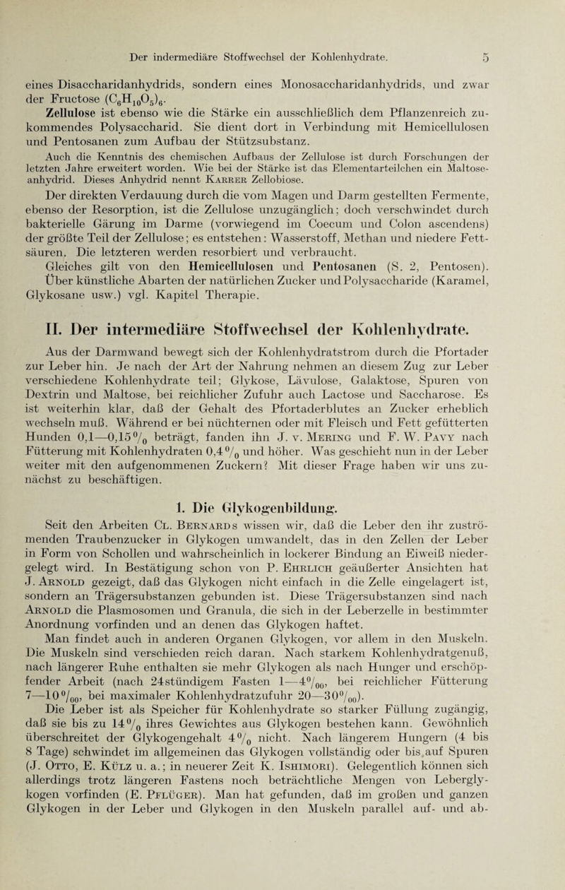 eines Disaccharidanhydrids, sondern eines Monosaccharidanhydrids, und zwar der Fructose (C6H10O5)6. Zellulose ist ebenso wie die Stärke ein ausschließlich dem Pflanzenreich zu¬ kommendes Polysaccharid. Sie dient dort in Verbindung mit Hemicellulosen und Pentosanen zum Aufbau der Stützsubstanz. Auch die Kenntnis des chemischen Aufbaus der Zellulose ist durch Forschungen der letzten Jahre erweitert worden. Wie bei der Stärke ist das Elementarteilchen ein Maltose¬ anhydrid. Dieses Anhydrid nennt Karrer Zellobiose. Der direkten Verdauung durch die vom Magen und Darm gestellten Fermente, ebenso der Resorption, ist die Zellulose unzugänglich; doch verschwindet durch bakterielle Gärung im Darme (vorwiegend im Coecum und Colon ascendens) der größte Teil der Zellulose; es entstehen: Wasserstoff, Methan und niedere Fett¬ säuren. Die letzteren werden resorbiert und verbraucht. Gleiches gilt von den Hemicellulosen und Pentosanen (S. 2, Pentosen). Über künstliche Abarten der natürlichen Zucker und Polysaccharide (Karamel, Glykosane usw.) vgl. Kapitel Therapie. II. Der intermediäre Stoffwechsel der Kohlenhydrate. «y Aus der Darmwand bewegt sich der Kohlenhydratstrom durch die Pfortader zur Leber hin. Je nach der Art der Nahrung nehmen an diesem Zug zur Leber verschiedene Kohlenhydrate teil; Glykose, Lävulose, Galaktose, Spuren von Dextrin und Maltose, bei reichlicher Zufuhr auch Lactose und Saccharose. Es ist weiterhin klar, daß der Gehalt des Pfortaderblutes an Zucker erheblich wechseln muß. Während er bei nüchternen oder mit Fleisch und Fett gefütterten Hunden 0,1—0,15 °/o beträgt, fanden ihn J. v. Mering und F. W. Pavy nach Fütterung mit Kohlenhydraten 0,4 °/0 und höher. Was geschieht nun in der Leber weiter mit den auf genommenen Zuckern? Mit dieser Frage haben wir uns zu¬ nächst zu beschäftigen. 1. Die Glykogenbildung. Seit den Arbeiten Cl. Bernards wissen wir, daß die Leber den ihr zuströ¬ menden Traubenzucker in Glykogen umwandelt, das in den Zellen der Leber in Form von Schollen und wahrscheinlich in lockerer Bindung an Eiweiß nieder¬ gelegt wird. In Bestätigung schon von P. Ehrlich geäußerter Ansichten hat J. Arnold gezeigt, daß das Glykogen nicht einfach in die Zelle eingelagert ist, sondern an Trägersubstanzen gebunden ist. Diese Trägersubstanzen sind nach Arnold die Plasmosomen und Granula, die sich in der Leberzelle in bestimmter Anordnung vorfinden und an denen das Glykogen haftet. Man findet auch in anderen Organen Glykogen, vor allem in den Muskeln. Die Muskeln sind verschieden reich daran. Nach starkem Kohlenhydratgenuß, nach längerer Ruhe enthalten sie mehr Glykogen als nach Hunger und erschöp¬ fender Arbeit (nach 24stündigem Fasten 1—4°/00, bei reichlicher Fütterung 7—100/o0, bei maximaler Kohlenhydratzufuhr 20—30°/oo)- Die Leber ist als Speicher für Kohlenhydrate so starker Füllung zugängig, daß sie bis zu 14°/0 ihres Gewichtes aus Glykogen bestehen kann. Gewöhnlich überschreitet der Glykogengehalt 4°/0 nicht. Nach längerem Hungern (4 bis 8 Tage) schwindet im allgemeinen das Glykogen vollständig oder bis,auf Spuren (J. Otto, E. Külz u. a.; in neuerer Zeit K. Ishimori). Gelegentlich können sich allerdings trotz längeren Fastens noch beträchtliche Mengen von Lebergly¬ kogen vorfinden (E. Pelüger). Man hat gefunden, daß im großen und ganzen Glykogen in der Leber und Glykogen in den Muskeln parallel auf- und ab-