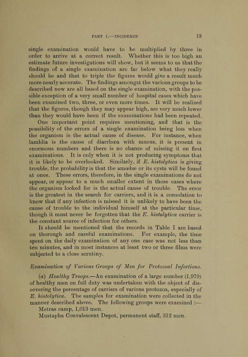single examination would have to be multiplied by three in order to arrive at a correct result. Whether this is too high an estimate future investigations will show, but it seems to us that the findings of a single examination are far below what they really should be and that to triple the figures would give a result much more nearly accurate. The findings amongst the various groups to be described now are all based on the single examination, with the pos¬ sible exception of a very small number of hospital cases which have been examined two, three, or even more times. It will be realized that the figures, though they may appear high, are very much lower than they would have been if the examinations had been repeated. One important point requires mentioning, and that is the possibility of the errors of a single examination being less when the organism is the actual cause of disease. For instance, when lamblia is the cause of diarrhoea with mucus, it is present in enormous numbers and there is no chance of missing it on first examinations. It is only when it is not producing symptoms that it is likely to be overlooked. Similarly, if E. histolytica is giving trouble, the probability is that the amoebae or its cysts will be found at once. These errors, therefore, in the single examinations do not appear, or appear to a much smaller extent in those cases where the organism looked for is the actual cause of trouble. The error is the greatest in the search for carriers, and it is a consolation to know that if any infection is missed it is unlikely to have been the cause of trouble to the individual himself at the particular time, though it must never be forgotten that the E. histolytica carrier is- the constant source of infection for others. It should be mentioned that the records in Table I are based on thorough and careful examinations. For example, the time spent on the daily examination of any one case was not less than ten minutes, and in most instances at least two or three films were subjected to a close scrutiny. Examination of Various Groups of Men for Protozoal Infections. (a) Healthy Troops.—An examination of a large number (1,979) of healthy men on full duty was undertaken with the object of dis¬ covering the percentage of carriers of various protozoa, especially of E. histolytica. The samples for examination were collected in the manner described above. The following groups were examined :— Metras camp, 1,013 men. Mustapha Convalescent Depot, permanent staff, 312 men.