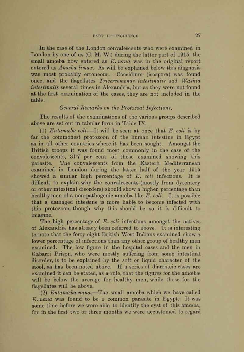 In the case of the London convalescents who were examined in London by one of us (C. M. W.) during the latter part of 1915, the small amoeba now entered as E. nana was in the original report entered as Amoeba Umax. As will be explained below this diagnosis was most probably erroneous. Coccidium (isospora) was found once, and the flagellates Tricercomonas intestinalis and Waskia intestinalis several times in Alexandria, but as they were not found at the first examination of the cases, they are not included in the table. General Bemarks on the Protozoal Infections. The results of the examinations of the various groups described above are set out in tabular form in Table IX. (1) Entamoeba coli.—It will be seen at once that E. coli is by far the commonest protozoon of the human intestine in Egypt as in all other countries where it has been sought. Amongst the British troops it was found most commonly in the case of the convalescents, 31*7 per cent, of those examined showing this parasite. The convalescents from the Eastern Mediterranean examined in London during the latter half of the year 1915 showTed a similar high percentage of E. coli infections. It is difficult to explain why the convalescents (mostly from dysentery or other intestinal disorders) should show a higher percentage than healthy men of a non-pathogenic amoeba like E. coli. It is possible that a damaged intestine is more liable to become infected with this protozoon, though why this should be so it is difficult to imagine. The high percentage of E. coli infections amongst the natives of Alexandria has already been referred to above. It is interesting to note that the forty-eight British West Indians examined show a lower percentage of infections than any other group of healthy men examined. The low figure in the hospital cases and the men in Gabarri Prison, who were mostly suffering from some intestinal disorder, is to be explained by the soft or liquid character of the stool, as has been noted above. If a series of diarrhoeic cases are examined it can be stated, as a rule, that the figures for the amoebae will be below the average for healthy men, while those for the flagellates will be above. (2) Entamoeba nana.—The small amoeba which we have called E. nana was found to be a common parasite in Egypt. It was some time before we were able to identify the cyst of this amoeba, for in the first twTo or three months we were accustomed to regard