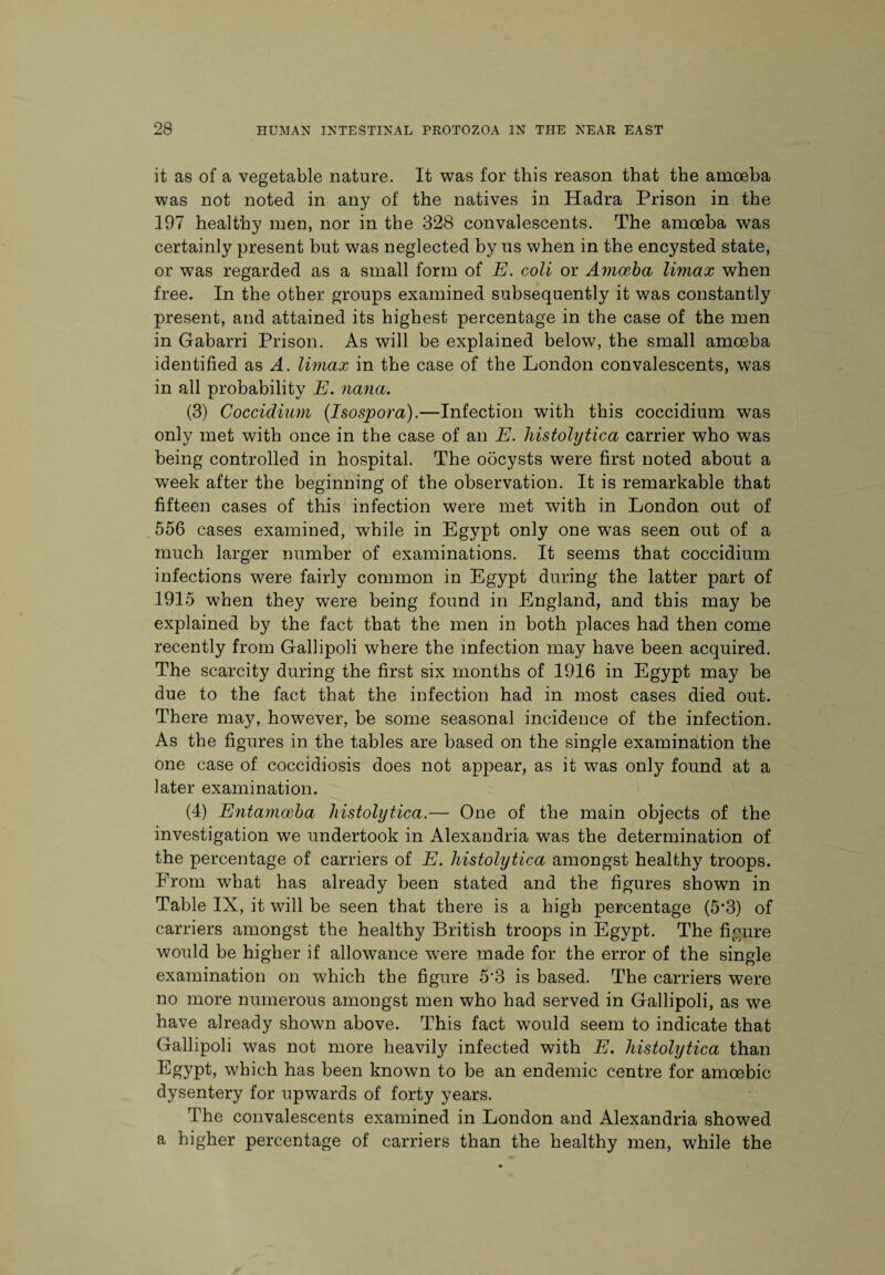 it as of a vegetable nature. It was for this reason that the amoeba was not noted in any of the natives in Hadra Prison in the 197 healthy men, nor in the 328 convalescents. The amoeba was certainly present but was neglected by us when in the encysted state, or was regarded as a small form of E. coli or Amoeba Umax when free. In the other groups examined subsequently it was constantly present, and attained its highest percentage in the case of the men in Gabarri Prison. As will be explained below, the small amoeba identified as A. Umax in the case of the London convalescents, was in all probability E. nana. (3) Coccidium (Isospora).—Infection with this coccidium was only met with once in the case of an E. histolytica carrier who was being controlled in hospital. The oocysts were first noted about a week after the beginning of the observation. It is remarkable that fifteen cases of this infection were met with in London out of 556 cases examined, while in Egypt only one was seen out of a much larger number of examinations. It seems that coccidium infections were fairly common in Egypt during the latter part of 1915 when they were being found in England, and this may be explained by the fact that the men in both places had then come recently from Gallipoli where the infection may have been acquired. The scarcity during the first six months of 1916 in Egypt may be due to the fact that the infection had in most cases died out. There may, however, be some seasonal incidence of the infection. As the figures in the tables are based on the single examination the one case of coccidiosis does not appear, as it was only found at a later examination. (4) Entamoeba histolytica.— One of the main objects of the investigation we undertook in Alexandria was the determination of the percentage of carriers of E. histolytica amongst healthy troops. From what has already been stated and the figures shown in Table IX, it will be seen that there is a high percentage (5*3) of carriers amongst the healthy British troops in Egypt. The figure would be higher if allowance were made for the error of the single examination on which the figure 5*3 is based. The carriers were no more numerous amongst men who had served in Gallipoli, as we have already shown above. This fact would seem to indicate that Gallipoli was not more heavily infected with E. histolytica than Egypt, which has been known to be an endemic centre for amoebic dysentery for upwards of forty years. The convalescents examined in London and Alexandria showed a higher percentage of carriers than the healthy men, while the