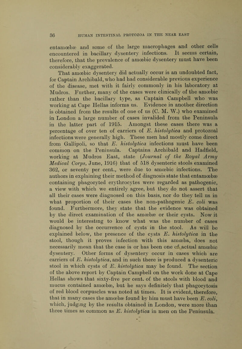 entamoebae and some of the large macrophages and other cells encountered in bacillary dysentery infections. It seems certain, therefore, that the prevalence of amoebic dysentery must have been considerably exaggerated. That amoebic dysentery did actually occur is an undoubted fact, for Captain Archibald, who had had considerable previous experience of the disease, met with it fairly commonly in his laboratory at Mudros. Further, many of the cases were clinically of the amoebic rather than the bacillary type, as Captain Campbell who was working at Cape Hellas informs us. Evidence in another direction is obtained from the results of one of us (C. M. W.) who examined in London a large number of cases invalided from the Peninsula in the latter part of 1915. Amongst these cases there was a percentage of over ten of carriers of E. histolytica and protozoal infections were generally high. These men had mostly come direct from Gallipoli, so that E. histolytica infections must have been common on the Peninsula. Captains Archibald and Hadfield, working at Mudros East, state (Journal of the Boy at Army Medical Corps, June, 1916) that of 518 dysenteric stools examined 362, or seventy per cent., were due to amoebic infections. The authors in explaining their method of diagnosis state that entamoebae containing phagocyted erythrocytes were regarded as pathogenic, a view with which we entirely agree, but they do not assert that all their cases were diagnosed on this basis, nor do they tell us in what proportion of their cases the non-pathogenic E. coli was found. Furthermore, they state that the evidence was obtained by the direct examination of the amoebae or their cysts. Now it would be interesting to know what was the number of cases diagnosed by the occurrence of cysts in the stool. As will be explained below, the presence of the cysts E. histolytica in the stool, though it proves infection with this amoeba, does not necessarily mean that the case is or has been one cf actual amoebic dysentery. Other forms of dysentery occur in cases which are carriers of E. histolytica, and in such there is produced a dysenteric stool in which cysts of E. histolytica may be found. The section of the above report by Captain Campbell on the work done at Cape Hellas shows that sixty-five per cent, of the stools with blood and mucus contained amoebae, but he says definitely that phagocvtosis of red blood corpuscles was noted at times. It is evident, therefore, that in many cases the amoebae found by him must have been E. coli, which, judging by the results obtained in London, wTere more than three times as common as E. histolytica in men on the Peninsula.