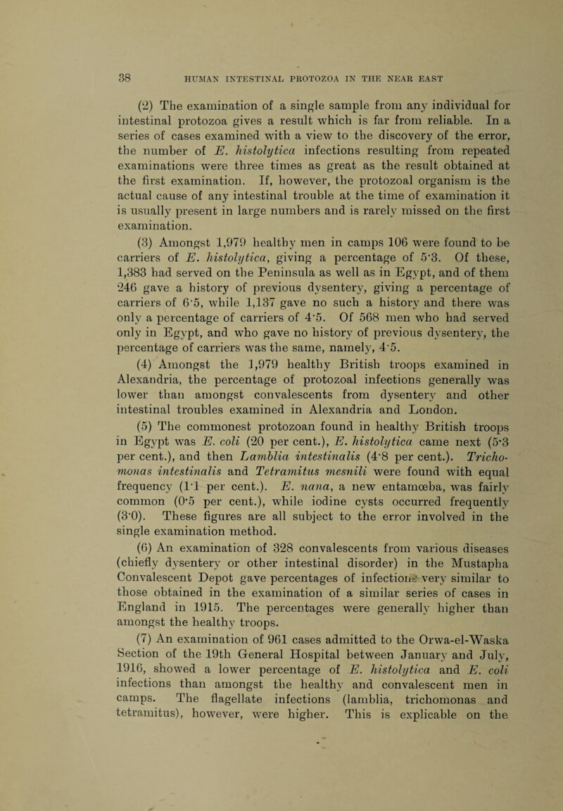 (2) The examination of a single sample from any individual for intestinal protozoa gives a result which is far from reliable. In a series of cases examined with a view to the discovery of the error, the number of E. histolytica infections resulting from repeated examinations were three times as great as the result obtained at the first examination. If, however, the protozoal organism is the actual cause of any intestinal trouble at the time of examination it is usually present in large numbers and is rarely missed on the first examination. (3) Amongst 1,979 healthy men in camps 106 were found to be carriers of E. histolytica, giving a percentage of 5‘3. Of these, 1,383 had served on the Peninsula as well as in Egypt, and of them 246 gave a history of previous dysentery, giving a percentage of carriers of 6'5, while 1,137 gave no such a history and there was only a percentage of carriers of 4*5. Of 568 men who had served only in Egypt, and who gave no history of previous dysentery, the percentage of carriers was the same, namely, 4‘5. (4) Amongst the 1,979 healthy British troops examined in Alexandria, the percentage of protozoal infections generally was lower than amongst convalescents from dysentery and other intestinal troubles examined in Alexandria and London. (5) The commonest protozoan found in healthy British troops in Egypt was E. coli (20 per cent.), E. histolytica came next (5’3 per cent.), and then Lamblia intestinalis (4*8 per cent.). Tricho¬ monas intestinalis and Tetramitus mesnili were found with equal frequency (IT per cent.). E. nana, a new entamoeba, was fairly common (0*5 per cent.), while iodine cysts occurred frequently (3’0). These figures are all subject to the error involved in the single examination method. (6) An examination of 328 convalescents from various diseases (chiefly dysentery or other intestinal disorder) in the Mustaplia Convalescent Depot gave percentages of infections very similar to those obtained in the examination of a similar series of cases in England in 1915. The percentages were generally higher than amongst the healthy troops. (7) An examination of 961 cases admitted to the Orwa-el-Waska Section of the 19th General Hospital between January and July, 1916, showed a lower percentage of E. histolytica and E. coli infections than amongst the healthy and convalescent men in camps. The flagellate infections (lamblia, trichomonas and tetramitus), however, were higher. This is explicable on the
