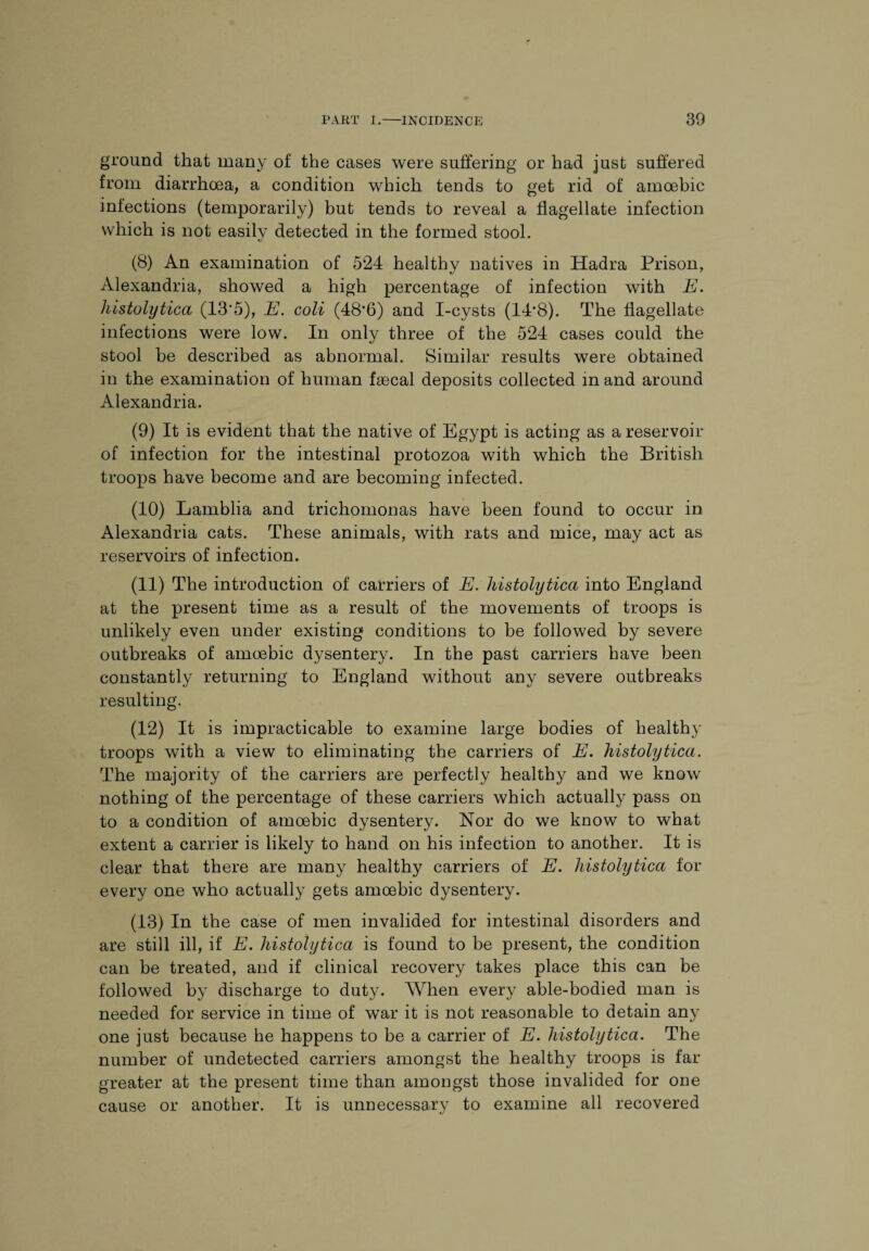 ground that many of the cases were suffering or had just suffered from diarrhoea, a condition which tends to get rid of amoebic infections (temporarily) but tends to reveal a flagellate infection which is not easily detected in the formed stool. (8) An examination of 524 healthy natives in Hadra Prison, Alexandria, showed a high percentage of infection with E. histolytica (13*5), E. coli (48*6) and I-cysts (14*8). The flagellate infections were low. In only three of the 524 cases could the stool be described as abnormal. Similar results were obtained in the examination of human faecal deposits collected in and around Alexandria. (9) It is evident that the native of Egypt is acting as a reservoir of infection for the intestinal protozoa with which the British troops have become and are becoming infected. (10) Lamblia and trichomonas have been found to occur in Alexandria cats. These animals, with rats and mice, may act as reservoirs of infection. (11) The introduction of carriers of E. histolytica into England at the present time as a result of the movements of troops is unlikely even under existing conditions to be followed by severe outbreaks of amoebic dysentery. In the past carriers have been constantly returning to England without any severe outbreaks resulting. (12) It is impracticable to examine large bodies of health}' troops with a view to eliminating the carriers of E. histolytica. The majority of the carriers are perfectly healthy and we know nothing of the percentage of these carriers which actually pass on to a condition of amoebic dysentery. Nor do we know to what extent a carrier is likely to hand on his infection to another. It is clear that there are many healthy carriers of E. histolytica for every one who actually gets amoebic dysentery. (13) In the case of men invalided for intestinal disorders and are still ill, if E. histolytica is found to be present, the condition can be treated, and if clinical recovery takes place this can be followed by discharge to duty. When every able-bodied man is needed for service in time of war it is not reasonable to detain any one just because he happens to be a carrier of E. histolytica. The number of undetected carriers amongst the healthy troops is far greater at the present time than amongst those invalided for one cause or another. It is unnecessary to examine all recovered