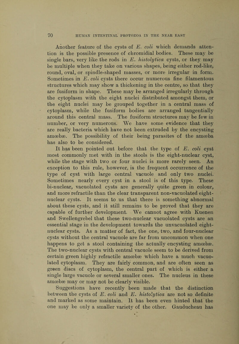 Another feature of the cysts of E. coli which demands atten¬ tion is the possible presence of chromidial bodies. These may be single bars, very like the rods in E. histolytica cysts, or they may be multiple when they take on various shapes, being either rod-like, round, oval, or spindle-shaped masses, or more irregular in form. Sometimes in E. coli cysts there occur numerous fine filamentous structures which may show a thickening in the centre, so that they are fusiform in shape. These may be arranged irregularly through the cytoplasm with the eight nuclei distributed amongst them, or the eight nuclei may be grouped together in a central mass of cytoplasm, while the fusiform bodies are arranged tangentially around this central mass. The fusiform structures may be few in number, or very numerous. We have some evidence that they are really bacteria which have not been extruded by the encysting amoebae. The possibility of their being parasites of the amoeba has also to be considered. It has been pointed out before that the type of E. coli cyst most commonly met with in the stools is the eight-nuclear cyst, while the stage with two or four nuclei is more rarely seen. An exception to this rule, however, is the frequent occurrence of the type of cyst with large central vacuole and only two nuclei. Sometimes nearly every cyst in a stool is of this type. These bi-nuclear, vacuolated cysts are generally quite green in colour, and more retractile than the clear transparent non-vacuolated eight- nuclear cysts. It seems to us that there is something abnormal about these cysts, and it still remains to be proved that they are capable of further development. We cannot agree with Kuenen and Swellengrebel that these two-nuclear vacuolated cysts are an essential stage in the development towards the unvacuolated eight- nuclear cysts. As a matter of fact, the one, two, and four-nuclear cysts without the central vacuole are far from uncommon when one happens to get a stool containing the actually encysting amoebae. The two-nuclear cysts with central vacuole seem to be derived from certain green highly retractile amoebae wThich have a much vacuo¬ lated cytoplasm. They are fairly common, and are often seen as green discs of cytoplasm, the central part of which is either a single large vacuole or several smaller ones. The nucleus in these amoebae may or may not be clearly visible. Suggestions have recently been made that the distinction between the cysts of E. coli and E. histolytica are not so definite and marked as some maintain. It has been even hinted that the one may be only a smaller variety of the other. Gauducheau has