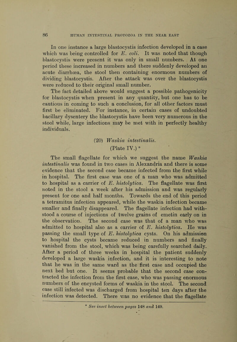 In one instance a large blastocystis infection developed in a case which was being controlled for E. coli. It was noted that though blastocystis were present it was only in small numbers. At one period these increased in numbers and there suddenly developed an acute diarrhoea, the stool then containing enormous numbers of dividing blastocystis. After the attack was over the blastocystis were reduced to their original small number. The fact detailed above would suggest a possible pathogenicity for blastocystis when present in any quantity, but one has to be cautious in coming to such a conclusion, for all other factors must first be eliminated. For instance, in certain cases of undoubted bacillary dysentery the blastocystis have been very numerous in the stool while, large infections may be met with in perfectly healthy individuals. (20) Waskia intestinalis. (Plate IV.)* The small flagellate for which we suggest the name Waskia intestinalis was found in two cases in Alexandria and there is some evidence that the second case became infected from the first while in hospital. The first case was one of a man who was admitted to hospital as a carrier of E. histolytica. The flagellate was first noted in the stool a week after his admission and was regularly present for one and half months. Towards the end of this period a tetramitus infection appeared, while the waskia infection became smaller and finally disappeared. The flagellate infection had with¬ stood a course of injections of twelve grains of emetin early on in the observation. The second case was that of a man who was admitted to hospital also as a carrier of E. histolytica. He was passing the small type of E. histolytica cysts. On his admission to hospital the cysts became reduced in numbers and finally vanished from the stool, which was being carefully searched daily. After a period of three weeks in hospital the patient suddenly developed a large waskia infection, and it is interesting to note that he was in the same ward as the first case and occupied the next bed but one. It seems probable that the second case con¬ tracted the infection from the first case, wTho was passing enormous numbers of the encysted forms of waskia in the stool. The second case still infected was discharged from hospital ten days after the infection was detected. There was no evidence that the flagellate