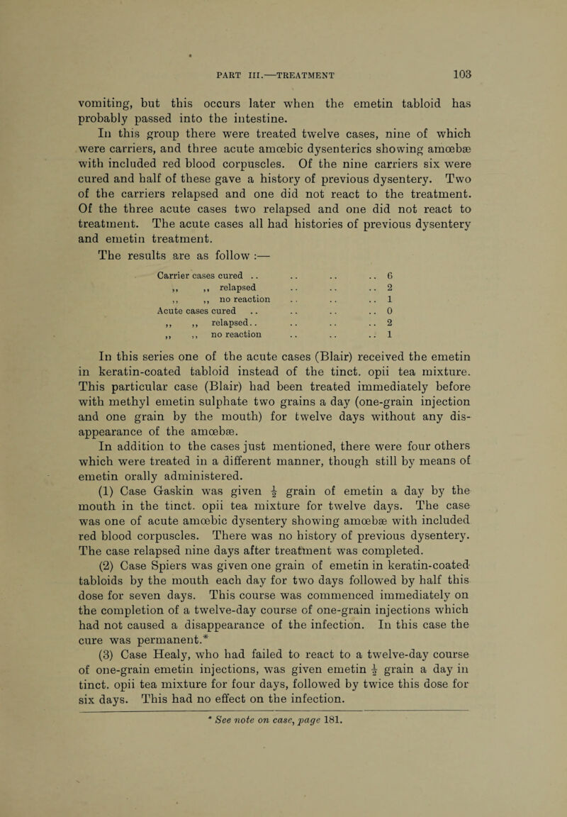 vomiting, but this occurs later when the emetin tabloid has probably passed into the intestine. In this group there were treated twelve cases, nine of which were carriers, and three acute amoebic dysenteries showing amoebae with included red blood corpuscles. Of the nine carriers six were cured and half of these gave a history of previous dysentery. Two of the carriers relapsed and one did not react to the treatment. Of the three acute cases two relapsed and one did not react to treatment. The acute cases all had histories of previous dysentery and emetin treatment. The results are as follow :— Carrier cases cured .. .. .. 6 ,, ,, relapsed .. .. ..2 ,, ,, no reaction .. .. 1 Acute cases cured .. .. .. .. 0 ,, ,, relapsed.. .. .. ..2 ,, ,, no reaction .. .. 1 In this series one of the acute cases (Blair) received the emetin in keratin-coated tabloid instead of the tinct. opii tea mixture. This particular case (Blair) had been treated immediately before with methyl emetin sulphate two grains a day (one-grain injection and one grain by the mouth) for twelve days without any dis¬ appearance of the amoebae. In addition to the cases just mentioned, there were four others which were treated in a different manner, though still by means of emetin orally administered. (1) Case Gaskin was given grain of emetin a day by the mouth in the tinct. opii tea mixture for twelve days. The case was one of acute amoebic dysentery showing amoebae with included red blood corpuscles. There was no history of previous dysentery. The case relapsed nine days after treatment was completed. (2) Case Spiers was given one grain of emetin in keratin-coated tabloids by the mouth each day for two days followed by half this dose for seven days. This course was commenced immediately on the completion of a twelve-day course of one-grain injections which had not caused a disappearance of the infection. In this case the cure was permanent.* (3) Case Healy, who had failed to react to a twelve-day course of one-grain emetin injections, was given emetin -J- grain a day in tinct. opii tea mixture for four days, followed by twice this dose for six days. This had no effect on the infection.