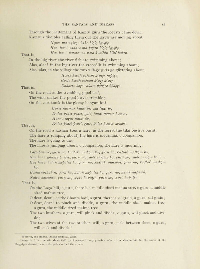 Through the incitement of Kamru guru the locusts came down. Kamru's disciples calling them out the larvae are moving about. Naive ma naigov hako biole boy ole-, Hae, hae! gadave ma tayan biole boyole ; , • Hae hae ! natore ma nato kuvikin bilii balan. That is, In the big river the river fish are swimming about; Alas, alas! in the big river the crocodile is swimming about; Alas, alas, in the village the two village girls go glittering about. Howe hesak sakam hipire hipive, Hoete hesak sakam hipiv hipiv; , • Dahawe bare sakam hohove hohove. lhat is, • • On the road is the trembling pipol leaf, The wind makes the pipol leaves tremble; On the cart-track is the glossy banyan leaf. Howe kasmav kulai bir ma tilai lo, Kulai pedel pedel, gate, kulai homov homov, yiarna lagae kulai do, That is Kulai pedel pedel, gate, kulai homov homov. On the road a kasmar tree, a hare, in the forest the tilai bush is burnt, The hare is jumping about, the hare is mourning, o companion, The hare is going to die, The hare is jumping about, o companion, the hare is mourning. Logo buvme, guru ho, kqdlqk matkom ho, guru ho, kqdlqk matkom ho, Hae hae! ghanta bqrire, guru ho, caole savjom ho, guru ho, caole savjom ho ! ■. , Hae hae! halaii hapatih ho, gum ho, kqdlqk matkom, guru ho, kqdlqk matkom ho, Boeha boehakin, guru ho, halan hapatih ho, guru ho, halah hapatih, Natea hateakin, guru ho, cepec hapatih, guru ho, cepec hapatih. That is, On the Logo hill, o guru, there is a middle sized mahua tree, o guru, a middle sized mahua tree, O dear, dear ! on the Ghanta bari, o guru, there is sal grain, o guru, sal grain ; O dear, dear! to pluck and divide, o guru, the middle sized mahua tree, o guru, the middle sized mahua tree. The two brothers, o guru, will pluck and divide, o guru, will pluck and divi¬ de ; The two wives of the two brothers will, o guru, suck between them, o guru, will suck and divide.' 1 Matkom, the mahua, Bassia latifolia, Roxb. Ghanta bari, lit. the stir about field (or homestead) may possibly refer to the Mandar hill (in the south of the Bliagalpur district) where the gods churned the oceau.