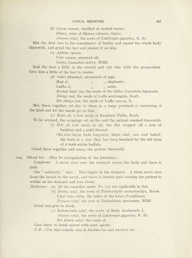(b) Gotom sunum, clarified or melted butter. Dhura, resin of Shorea robusta, Gartn. Akaona rehei, the roots of Calotropis gigantea, R. Br. Mix the first two to the consistency of butter and anoint the whole body therewith, and grind the last and plaster it on him. (c) Afthim, opium. Utin sunum, mustard oil. Gahja, Cannabis sativa, Willd. Boil the first a little in the second and rub him with the preparation. Give him a little of the last to smoke. (d) Sukri dhumbak, excrement of pigs. Hati id, ,, ,, elephants. Gadha id, „ ,, asses. Harhai hotoi jan, the seeds of the bitter Cucurbita lagenaria. Jhinga jan, the seeds of Luffa acutangula, Roxb. Bir jhinga jan, the seeds of Luffa amara, R. Mix these together, set fire to them in a large potsherd or something of the kind and let the smoke go on him. (e) Ropa ah, a bow made of Bambusa Tulda, Roxb. To be scraped, the scrapings set on fire and the patient smoked therewith. (/) Mat ak reak maila ar uti, the dirt scraped off a bow of bamboo and a joint thereof. Oka dare bayar kada lengrateye thapa akat, ona reak baklak, the bark of a tree that has been knocked by the left horn of a male entire buffalo. Grind these together and smear the patient therewith. 124. Dhond bai. (May be strangulation of the intestines.) Symptoms. A nerve rises over the stomach across the body and there is pain. One “ authority ” says : This begins in the stomach. A thick nerve rises from the breast to the navel, and there is intense pain causing the patient to writhe on his stomach and toss about. Medicines: (a) All the remedies under No. 117 are applicable in this. (b) Mutha rehei, the roots of Fimbrystylis monostachya, Hassk. Opal baha uldha, the tuber of the lotus (Nymphaea). Poraeni rehei, the root of Nelumbiuin speciosum, Willd. Grind and give to drink. (c) Bokom baha rehei, the roots of Melia Azadarach, L. Akaona rehei, the roots of Calotropis gigantea, R. Br. Bir dirnbu rehei, the roots of Give these to drink mixed with pure spirits. N.B.—Use this remedy also in kachma bai and paethan bai.