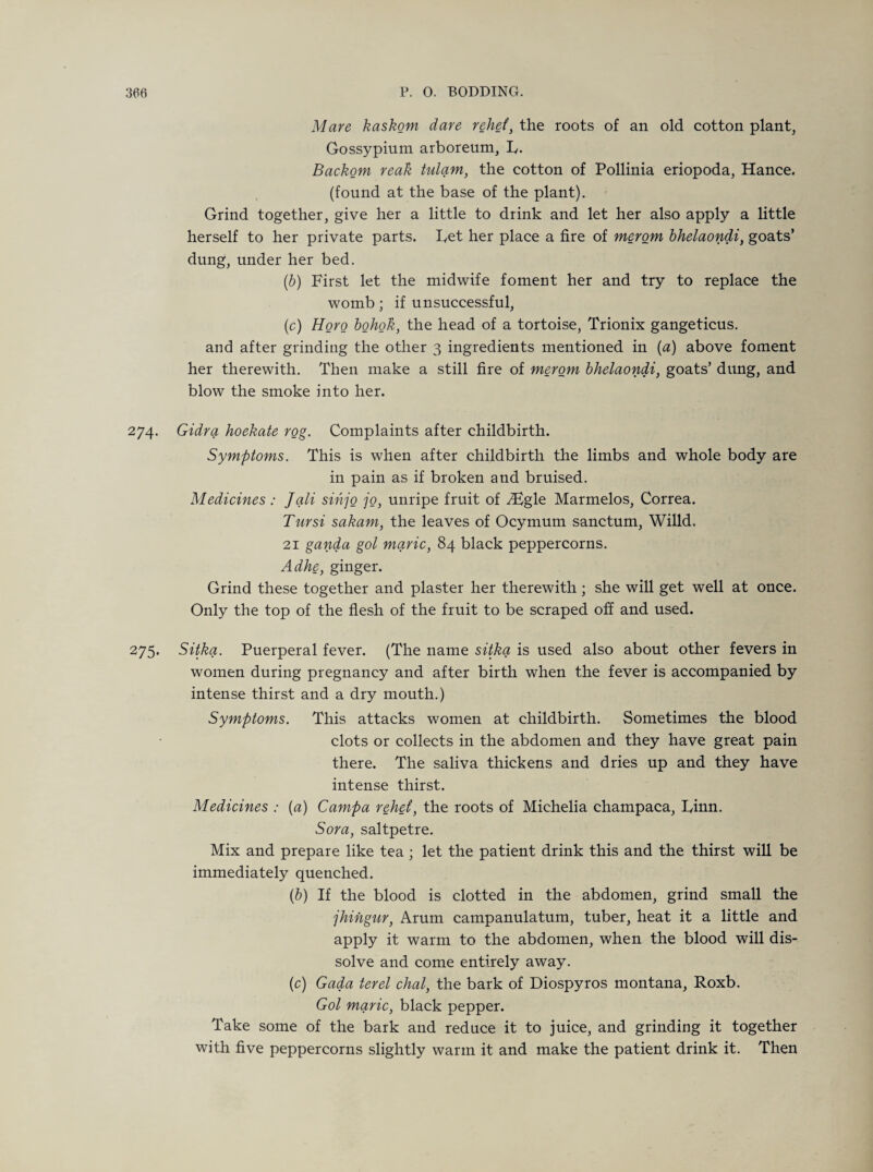 Mare kaskom dare rebel, the roots of an old cotton plant, Gossypium arboreum, I,. Backom reak tulam, the cotton of Pollinia eriopoda, Hance. (found at the base of the plant). Grind together, give her a little to drink and let her also apply a little herself to her private parts. Let her place a fire of merom bhelaondi, goats’ dung, under her bed. (.b) First let the midwife foment her and try to replace the womb; if unsuccessful, (c) Horo bohok, the head of a tortoise, Trionix gangeticus. and after grinding the other 3 ingredients mentioned in (a) above foment her therewith. Then make a still fire of merom bhelaondi, goats’ dung, and blow the smoke into her. 274. Gidra hoekate rog. Complaints after childbirth. Symptoms. This is when after childbirth the limbs and whole body are in pain as if broken and bruised. Medicines: Jali sihjo jo, unripe fruit of A^gle Marmelos, Correa. Tursi sakam, the leaves of Ocymum sanctum, Willd, 21 ganda gol marie, 84 black peppercorns. Adhe, ginger. Grind these together and plaster her therewith; she will get well at once. Only the top of the flesh of the fruit to be scraped off and used. 275. Sitka. Puerperal fever. (The name sitka is used also about other fevers in women during pregnancy and after birth when the fever is accompanied by intense thirst and a dry mouth.) Symptoms. This attacks women at childbirth. Sometimes the blood clots or collects in the abdomen and they have great pain there. The saliva thickens and dries up and they have intense thirst. Medicines : (a) Campa rehei, the roots of Michelia champaca, Linn. Sora, saltpetre. Mix and prepare like tea ; let the patient drink this and the thirst will be immediately quenched. (b) If the blood is clotted in the abdomen, grind small the jhingur, Arum campanulatum, tuber, heat it a little and apply it warm to the abdomen, when the blood will dis¬ solve and come entirely away. (c) Gada terel chal, the bark of Diospyros montana, Roxb. Gol marie, black pepper. Take some of the bark and reduce it to juice, and grinding it together with five peppercorns slightly warm it and make the patient drink it. Then