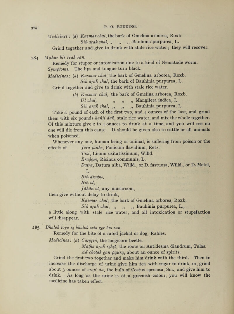 Medicines : (a) Kasmar chal, the bark of Gmelina arborea, Roxb. Sin arak chal, „ „ ,, Bauhinia purpurea, L. Grind together and give to drink with stale rice water; they will recover. 284. Mahur bis reak ran. Remedy for stupor or intoxication due to a kind of Nematode worm. Symptoms. The lips and tongue turn black. Medicines : (a) Kasmar chal, the bark of Gmelina arborea, Roxb. Sin arak chal, the bark of Bauhinia purpurea, L. Grind together and give to drink with stale rice water. (b) Kasmar chal, the bark of Gmelina arborea, Roxb. Ul chal, „ „ „ Mangifera indica, L. Sin arak chal, ,, ,, ,, Bauhinia purpurea, L. Take a pound of each of the first two, and 4 ounces of the last, and grind them with six pounds kahji dak, stale rice water, and mix the whole together. Of this mixture give 2 to 4 ounces to drink at a time, and you will see no one will die from this cause. It should be given also to cattle or all animals when poisoned. Whenever any one, human being or animal, is suffering from poison or the effects of Jera janhe, Panicum flavidium, Retz. Tisi, Tinum usitatissimum, Willd. Eradom, Ricinus communis, L. Datra, Datura alba, Willd., or D. fast.uosa, Willd., or D. Metel, L. Bin dimbu, Bin ot, Jahan ot, any mushroom, then give without delay to drink, Kasmar chal, the bark of Gmelina arborea, Roxb. Sin arak chal, „ ,, ,, Bauhinia purpurea, L., a little along with stale rice water, and all intoxication or stupefaction will disappear. 285. Bhalok toyo se bhalok seta ger bis ran. Remedy for the bite of a rabid jackal or dog, Rabies. Medicines-, (a) Carorih, the longicorn beetle. Matha arak rehei, the roots on Antidesma diandrum, Tulas. Ad chotak gan paura, about an ounce of spirits. Grind the first two together and make him drink with the third. Then to increase the discharge of urine give him tea with sugar to drink, or, grind about 3 ounces of or op' da, the bulb of Costus speciosa, Sm., and give him to drink. As long as the urine is of a greenish colour, you will know the medicine has taken effect.