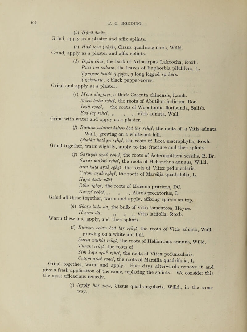 (b) Ham aw dr, Grind, apply as a plaster and affix splints. (c) Had jora {nan), Cissus quadrangularis, Willd. Grind, apply as a plaster and affix splints. {d) Dahu chal, the bark of Artocarpus Rakoocha, Roxb. Pusi toa sakam, the leaves of Euphorbia pilulifera, R. Tampur bindi 5 gotec, 5 long legged spiders. 3 golmaric, 3 black pepper-corns. Grind and apply as a plaster. {e) Mota alagjqri, a thick Cuscuta chinensis, Ramk. Miru baha rehd, the roots of Abutilon indicum, Don. leak rehet, the roots of Woodfordia floribunda, Salisb. Bod lar rehd, „ „ „ Vitis adnata, Wall. Grind with water and apply as a plaster. (/) Bunum cetanre taken bod lar rehd, the roots of a Vitis adnata Wall., growing on a white-ant hill. Dhalka hatkan r^hd, the roots of Reea macrophylla, Roxb. Grind together, warm slightly, apply to the fracture and then splints. (g) Garundi arak rehd, the roots of Acternanthera sessilis, R. Br. Sumj mukhi rehet, the roots of Helianthus annuus, Willd. Sim kata arak rehet, the roots of Vitex peduncularis. Catom arak rehet, the roots of Marsilia quadrifolia, R. Ham awar nan, Etka rehet, the roots of Mucuna pruriens, DC. Kaw§t rehet, ,, ,, }, Abrus precatorius, R. Grind all these together, warm and apply, affixing splints on top. {h) Ghora lada da, the bulb of Vitis tomentosa, Heyne. 16 ewer da, ,, ,, „ Vitis latifolia, Roxb. Warm these and apply, and then splints. {i) Bunum cetan bod lar rehet, the roots of Vitis adnata, Wall, growing on a white ant hill. Snru] mukhi rehet, the roots of Helianthus annuus, Willd. Turam rehet, the roots of Sim kata arak rehet, the roots of Vitex peduncularis. Catom arak rehet, the roots of Marsilia quadrifolia R Grind together, warm and apply. Five days afterwards remove it and give a fresh application of the same, replacing the splints. We consider this tne most efficacious remedy. (/) Apply har jora, Cissus quadrangularis, Willd., in the same way.