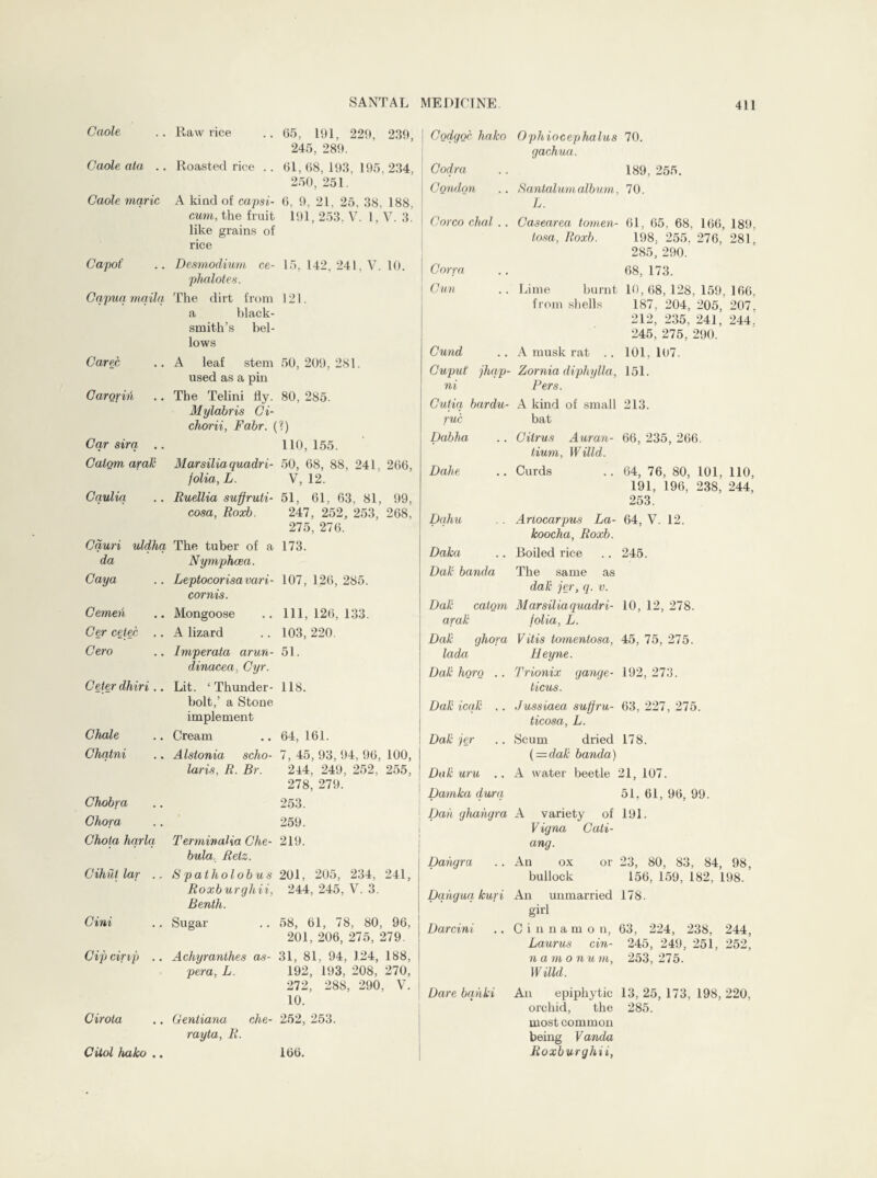Caole Caole ata .. Caole marie Capof Capua mailq Carei, Garori'h, Car sira . Calom arak Cauliq Cauri uldhq da Caya Cemen Cer cetec .. Cero Ceter dhiri .. Chale Chqtni Chobra Chora Chota hqrlq Cihiit lar ., Cini Cip eirip .. Cirota Citol hako .. Raw rice .. 65, 191, 229, 239, 245, 289. Roasted rice .. 61, 68, 193, 195, 234, 250, 251. A kind of capsi- 6, 9, 21, 25, 38, 188, cum, the fruit 191, 253. V. 1, V. 3. like grains of rice Desmodium ce- 15. 142, 241, V. 10. phalotes. The dirt from 121. a black¬ smith’s bel¬ lows A leaf stem 50, 209, 281. used as a pin The Telini fly. 80, 285. Mylabris Ci- chorii, Fabr. (?) 110, 155. Marsiliaquadri- 50, 68, 88, 241, 266, folia, L. V, 12. Ruellia suffruti- 51, 61, 63, 81, 99, cosa, Roxb. 247, 252, 253, 268, 275, 276. The tuber of a 173. Nymphcea. Leptocorisavari- 107, 126, 285. cornis. Mongoose .. 111,126,133. A lizard .. 103, 220. Imperata arun- 51. dinacea. Cyr. Lit. ‘Thunder- 118. bolt,’ a Stone implement Cream .. 64, 161. Alstonia scho- 7, 45, 93, 94, 96, 100, laris, R. Br. 244, 249, 252, 255, 278, 279. 253. 259. Terminalia Che- 219. bula, Relz. Spatholobus 201, 205, 234, 241, Roxburghii, 244, 245, V. 3. Benth. Sugar .. 58, 61, 78, 80, 96, 201, 206, 275, 279 Achyranthes as- 31, 81, 94, 124, 188, pera. L. 192, 193, 208, 270, 272, 288, 290, V. 10. Centiana che- 252, 253. rayta, R. 166. Codgod hako Ophiocephalus 70. gachua. Codra .. 189, 255. Condon .. Santalumalbum, 70. L. Corco dial .. Casearea tornen- 61, 65, 68, 166, 189. tosa, Roxb. 198, 255. 276, 281 285, 290. Coira .. 68, 173. Cun .. Lime burnt 10,68,128,159,166, from shells 187, 204, 205, 207. 212, 235, 241, 244^ 245, 275, 290. Cund .. A musk rat .. 101, 107. Cuput jhqp- Zornia diphylla, 151. ni Pers. Cutiq bardu- A kind of small 213. rue bat Dabha .. Citrus Auran- 66, 235, 266. Hum, Willd. Dahe .. Curds .. 64, 76, 80, 101, 110, 191, 196, 238, 244, 253. Dqhu ,. Artocarpus La- 64, V. 12. koocha, Roxb. Daka .. Boiled rice .. 245. Dak banda The same as dak jer, q. v. Dak calom Marsiliaquadri- 10, 12, 278. arak folia, L. Dak ghora Vitis tomentosa, 45, 75, 275. lada Heyne. Dakhoro .. Trionix gange- 192,273. ticus. Dak icqk .. Jussiaea sufjru- 63, 227, 275. ticosa, L. Dak jer .. Scum dried 178. (—dak banda) Dak uru .. A water beetle 21, 107. Damka dura 51, 61, 96, 99. Dan ghahgra A variety of 191. Vigna Cati- ang. Dahgra .. An ox or 23, 80, 83, 84, 98, bullock 156, 159, 182, 198. Dqhguq kuri An unmarried 178. girl Darcini .. Cinnamon, 63, 224, 238, 244, Laurus cin- 245, 249, 251, 252, namonum, 253, 275. Willd. Dare bqhki An epiphytic 13, 25, 173, 198, 220, orchid, the 285. most common being Vanda Roxburghii,