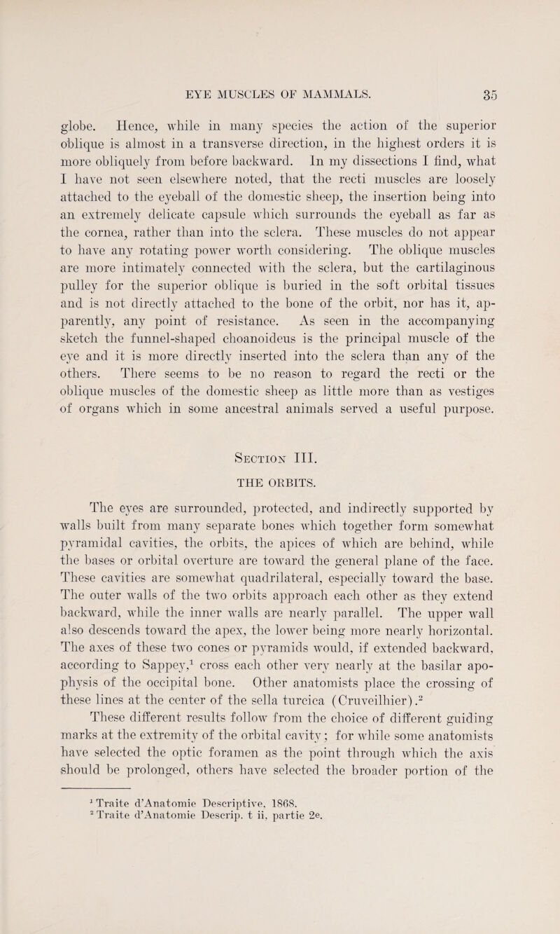 globe. Hence, while in many species the action of the superior oblique is almost in a transverse direction, in the highest orders it is more obliquely from before backward. In my dissections I find, what I have not seen elsewhere noted, that the recti muscles are loosely attached to the eyeball of the domestic sheep, the insertion being into an extremely delicate capsule which surrounds the eyeball as far as the cornea, rather than into the sclera. These muscles do not appear to have any rotating power worth considering. The oblique muscles are more intimately connected with the sclera, but the cartilaginous pulley for the superior oblique is buried in the soft orbital tissues and is not directly attached to the bone of the orbit, nor has it, ap¬ parently, any point of resistance. As seen in the accompanying sketch the funnel-shaped choanoideus is the principal muscle of the eye and it is more directly inserted into the sclera than any of the others. There seems to be no reason to regard the recti or the oblique muscles of the domestic sheep as little more than as vestiges of organs which in some ancestral animals served a useful purpose. Section III. THE ORBITS. The eyes are surrounded, protected, and indirectly supported by walls built from many separate bones which together form somewhat pyramidal cavities, the orbits, the apices of which are behind, while the bases or orbital overture are toward the general plane of the face. These cavities are somewhat quadrilateral, especially toward the base. The outer walls of the two orbits approach each other as they extend backward, while the inner walls are nearly parallel. The upper wall also descends toward the apex, the lower being more nearly horizontal. The axes of these two cones or pyramids would, if extended backward, according to Sappey,1 cross each other very nearly at the basilar apo¬ physis of the occipital bone. Other anatomists place the crossing of these lines at the center of the sella turcica (Cruveilhier) .2 These different results follow from the choice of different guiding marks at the extremity of the orbital cavity; for while some anatomists have selected the optic foramen as the point through which the axis should be prolonged, others have selected the broader portion of the 1 Traite d’Anatomie Descriptive, 1868. 2 Traite d’Anatomie Descrip, t ii, partie 2e.