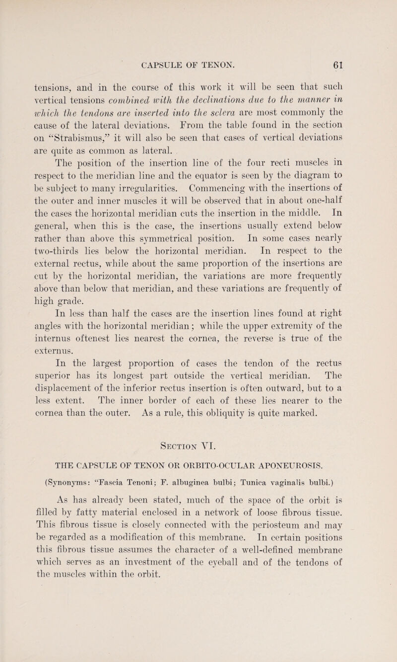 tensions, and in the course of this work it will be seen that such vertical tensions combined with the declinations due to the mariner in which the tendons are inserted into the sclera are most commonly the cause of the lateral deviations. From the table found in the section on “Strabismus,” it will also be seen that cases of vertical deviations are quite as common as lateral. The position of the insertion line of the four recti muscles in respect to the meridian line and the equator is seen by the diagram to be subject to many irregularities. Commencing with the insertions of the outer and inner muscles it will be observed that in about one-half the cases the horizontal meridian cuts the insertion in the middle. In general, when this is the case, the insertions usually extend below rather than above this symmetrical position. In some cases nearly two-thirds lies below the horizontal meridian. In respect to the external rectus, while about the same proportion of the insertions are cut by the horizontal meridian, the variations are more frequently above than below that meridian, and these variations are frequently of high grade. In less than half the cases are the insertion lines found at right angles with the horizontal meridian; while the upper extremity of the internus oftenest lies nearest the cornea, the reverse is true of the externus. In the largest proportion of cases the tendon of the rectus superior has its longest part outside the vertical meridian. The displacement of the inferior rectus insertion is often outward, but to a less extent. The inner border of each of these lies nearer to the cornea than the outer. As a rule, this obliquity is quite marked. Section YI. THE CAPSULE OF TENON OR ORBITO-OCULAR APONEUROSIS. (Synonyms: “Fascia Tenoni; F. albuginea bulbi; Tunica vaginalis bulbi.) As has already been stated, much of the space of the orbit is filled by fatty material enclosed in a network of loose fibrous tissue. This fibrous tissue is closely connected with the periosteum and may be regarded as a modification of this membrane. In certain positions this fibrous tissue assumes the character of a well-defined membrane which serves as an investment of the eyeball and of the tendons of the muscles within the orbit.