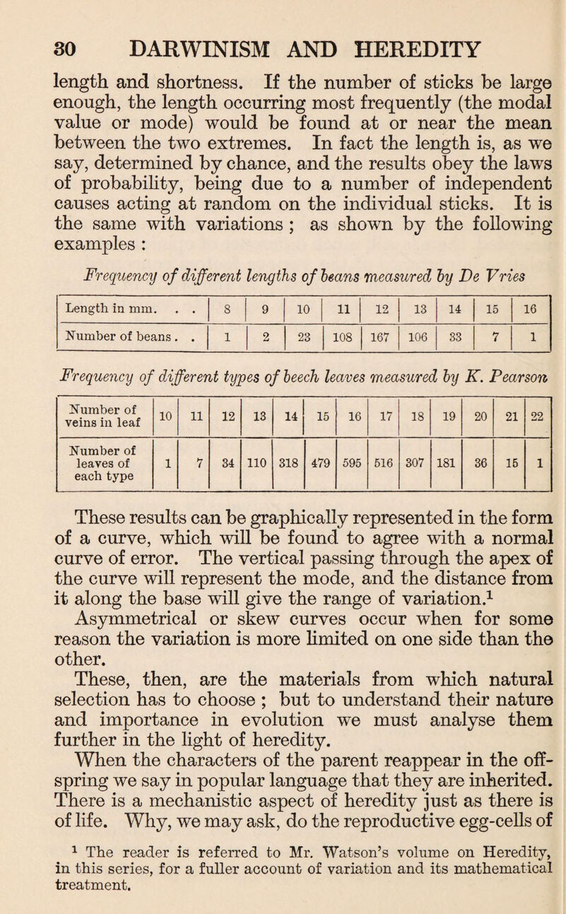 length and shortness. If the number of sticks be large enough, the length occurring most frequently (the modal value or mode) would be found at or near the mean between the two extremes. In fact the length is, as we say, determined by chance, and the results obey the laws of probability, being due to a number of independent causes acting at random on the individual sticks. It is the same with variations ; as shown by the following examples : Frequency of different lengths of beans measured by De Vries Length in mm. . . 8 9 10 11 12 13 14 15 16 Number of beans . . 1 2 23 108 167 106 33 7 1 Frequency of different types of beech leaves measured by K. Pearson Number of veins in leaf 10 11 12 13 u 15 16 17 18 19 20 21 22 Number of leaves of each type 1 7 34 no 318 479 595 516 307 181 36 15 1 These results can be graphically represented in the form of a curve, which will be found to agree with a normal curve of error. The vertical passing through the apex of the curve will represent the mode, and the distance from it along the base will give the range of variation.1 Asymmetrical or skew curves occur when for some reason the variation is more limited on one side than the other. These, then, are the materials from which natural selection has to choose ; but to understand their nature and importance in evolution we must analyse them further in the light of heredity. When the characters of the parent reappear in the off¬ spring we say in popular language that they are inherited. There is a mechanistic aspect of heredity just as there is of life. Why, we may ask, do the reproductive egg-cells of 1 The reader is referred to Mr. Watson’s volume on Heredity, in this series, for a fuller account of variation and its mathematical treatment.