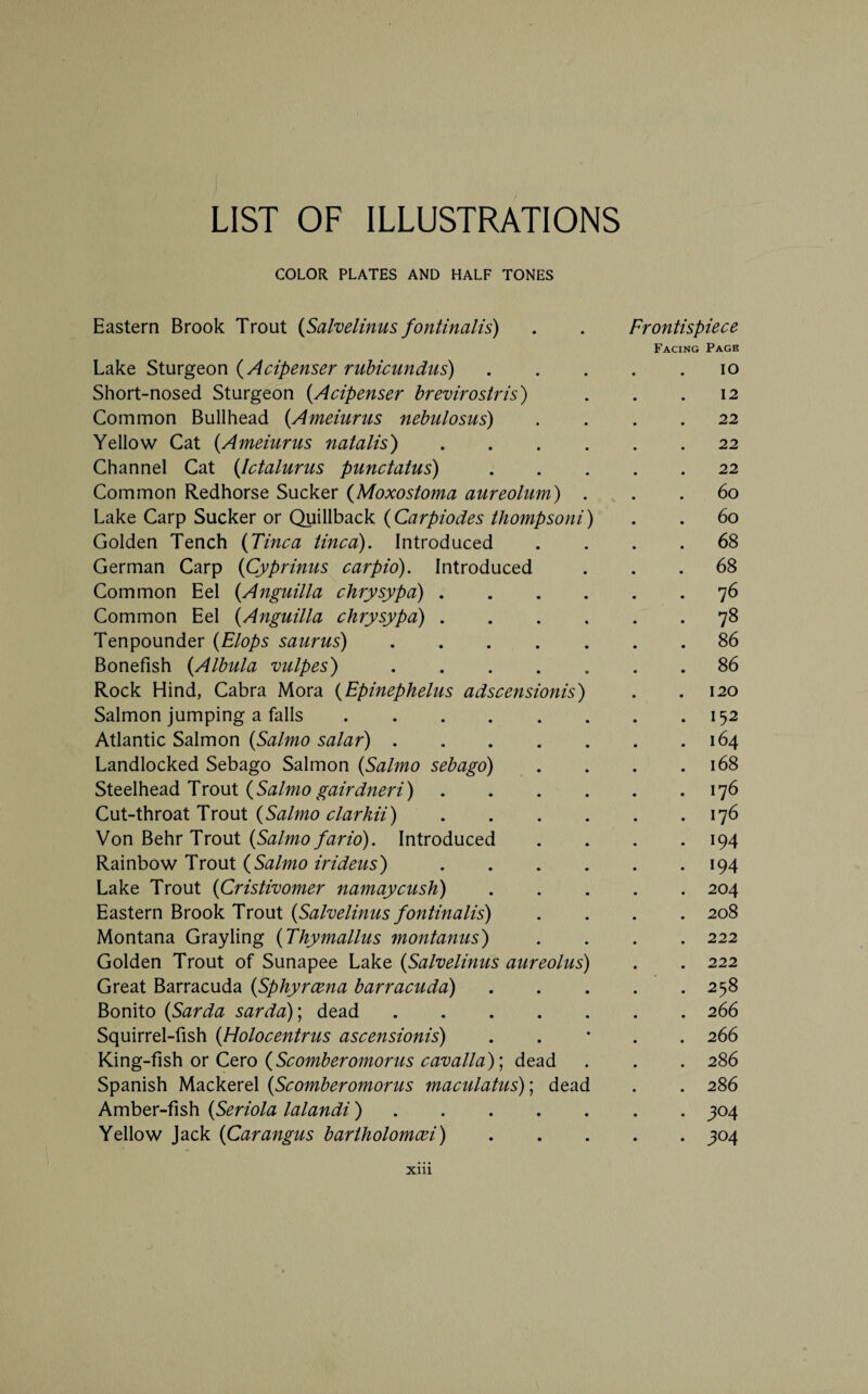 COLOR PLATES AND HALF TONES Eastern Brook Trout (Salvelinus fontinalis) Frontispiece Facing Page Lake Sturgeon (Acipenser rubicundus) IO Short-nosed Sturgeon (Acipenser brevirostris) 12 Common Bullhead {Ameiurus nebulosus) 22 Yellow Cat {Ameiurus natalis) .... 22 Channel Cat {Ictalurus punctatus) 22 Common Redhorse Sucker (Moxostoma aureolum) . N * * 6o Lake Carp Sucker or Quillback (Carpiodes thompsoni) 6o Golden Tench (Tinea tinea). Introduced 68 German Carp (Cyprinus carpio). Introduced 68 Common Eel {Anguilla chrysypa) .... 76 Common Eel {Anguilla chrysypa) .... 78 Tenpounder {Elops saurus). 86 Bonefish {Albula vulpes) ..... 86 Rock Hind, Cabra Mora {Epinephelus adscensionis) 120 Salmon jumping a falls. 152 Atlantic Salmon {Salmo salar). 164 Landlocked Sebago Salmon {Salmo sebago) 168 Steelhead Trout {Salmo gairdneri) .... 176 Cut-throat Trout {Salmo clarkii) .... 176 Von Behr Trout {Salmo fario). Introduced 194 Rainbow Trout {Salmo irideus) .... 194 Lake Trout {Cristivomer namaycush) 204 Eastern Brook Trout {Salvelinus fontinalis) 208 Montana Grayling {Thymallus montanus) 222 Golden Trout of Sunapee Lake {Salvelinus aureolus) 222 Great Barracuda {Sphyrcena barracuda) 258 Bonito {Sarda sarda)\ dead. 266 Squirrel-fish {Holocentrus ascensionis) 266 King-fish or Cero (Scomberomorus cavalla)\ dead 286 Spanish Mackerel {Scomberomorus maculatus)', dead 286 Amber-fish {Seriola lalandi). 3° 4 Yellow Jack {Carangus bartholomcei) 30 4 xm