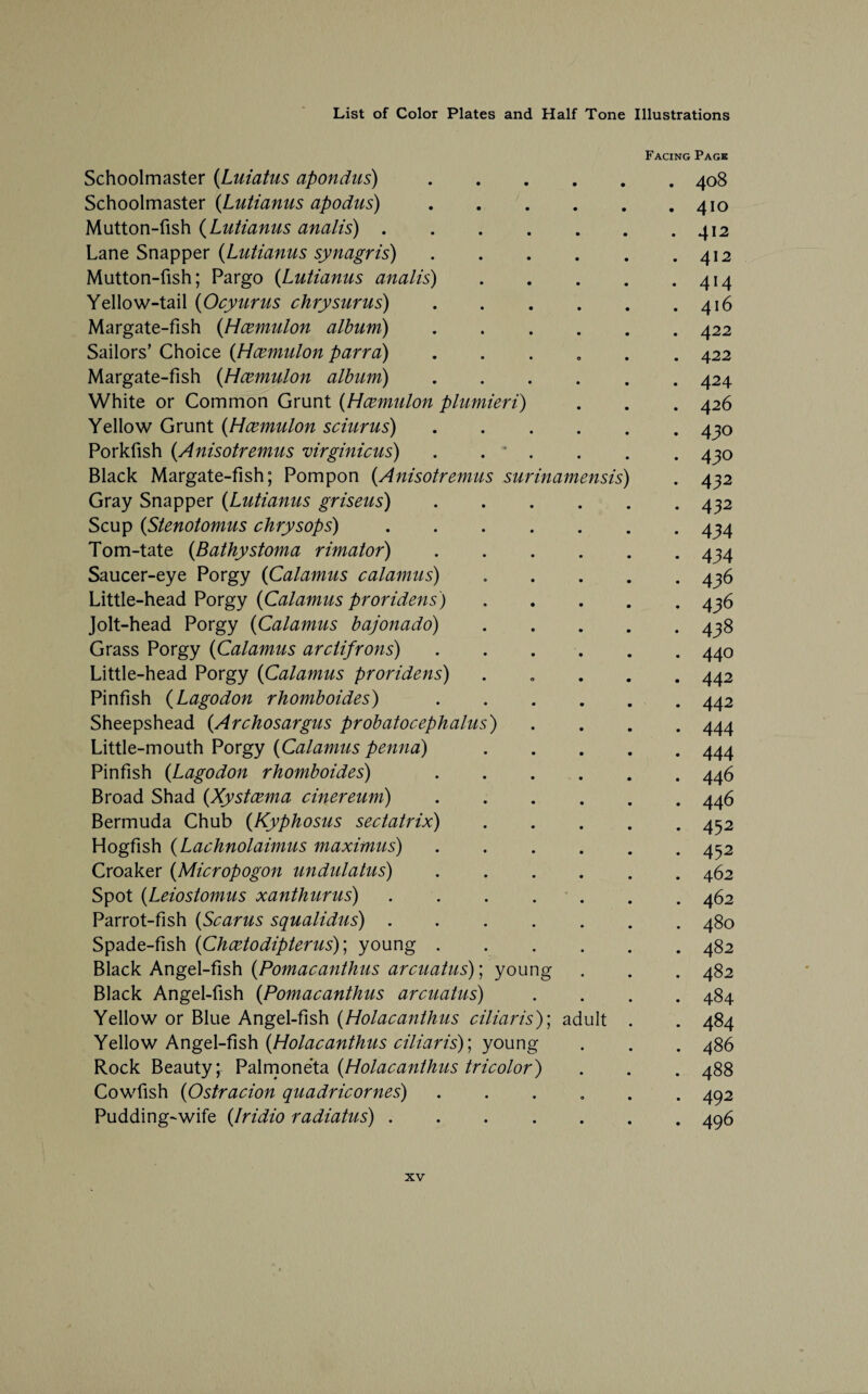 Facing Pagk Schoolmaster (Luiatus apondus).408 Schoolmaster {Lutianus apodus).410 Mutton-fish (Lutianus analis).412 Lane Snapper (Lutianus synagris).412 Mutton-fish; Pargo {Lutianus analis).414 Yellow-tail {Ocyurus chrysurus).416 Margate-fish {Hcemulon album).422 Sailors’ Choice {Hcemulon parra) . 422 Margate-fish {Hcemulon album).424 White or Common Grunt {Hcemulon plumieri) . . . 426 Yellow Grunt {Hcemulon sciurus).430 Porkfish {Anisotremus virginicus) . . * . . . . 430 Black Margate-fish; Pompon {Anisotremus surinamensis) . 432 Gray Snapper {Lutianus griseus).432 Scup {Stenotomus chrysops).434 Tom-tate {Bathystoma rimator).434 Saucer-eye Porgy {Calamus calamus) . 436 Little-head Porgy {Calamus proridens).436 Jolt-head Porgy {Calamus bajonado).438 Grass Porgy {Calamus arclifrons).440 Little-head Porgy {Calamus proridens) . 442 Pinfish (Lagodon rhomboides).442 Sheepshead {Archosargus probatocephalus) .... 444 Little-mouth Porgy {Calamus penna).444 Pinfish {Lagodon rhomboides) .446 Broad Shad {Xystcema cinereum).446 Bermuda Chub {Kyphosus sectatrix).452 Hogfish {Lachnolaimus maximus).452 Croaker {Micropogon undulatus).462 Spot {Leiostomus xanthurus).462 Parrot-fish {Scarus squalidus).480 Spade-fish {Chcetodipterus)\ young.482 Black Angel-fish {Pomacanthus arcuatus); young . . . 482 Black Angel-fish {Pomacanthus arcuatus) .... 484 Yellow or Blue Angel-fish {Holacanthus ciliaris); adult . . 484 Yellow Angel-fish {Holacanthus ciliaris)\ young . . . 486 Rock Beauty; Palmoneta {Holacanthus tricolor) . . . 488 Cowfish {Ostracion quadricornes) . 492 Pudding'Wife {Iridio radiatus).496