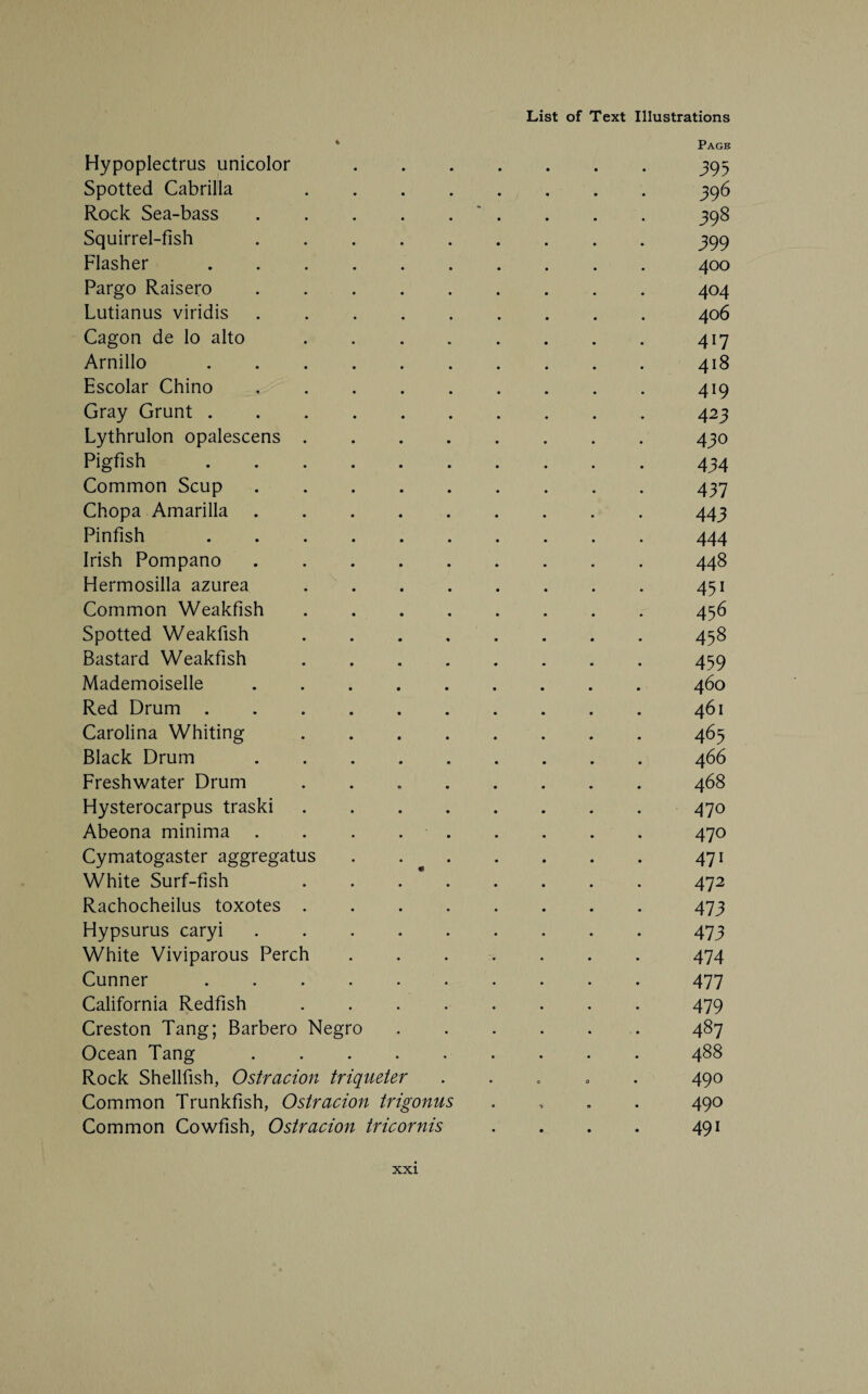4 Page Hypoplectrus unicolor.395 Spotted Cabrilla 396 Rock Sea-bass.. . . . 398 Squirrel-fish.399 Flasher ..400 Pargo Raisero.404 Lutianus viridis.406 Cagon de lo alto.417 Arnillo.418 Escolar Chino.419 Gray Grunt.423 Lythrulon opalescens.430 Pigfish. 434 Common Scup.437 Chopa Amarilla.443 Pinfish.444 Irish Pompano.448 Hermosilla azurea.451 Common Weakfish.436 Spotted Weakfish.458 Bastard Weakfish.459 Mademoiselle.460 Red Drum.461 Carolina Whiting.463 Black Drum.466 Freshwater Drum ..468 Hysterocarpus traski.470 Abeona minima . . . ..470 Cymatogaster aggregatus.471 White Surf-fish .472 Rachocheilus toxotes.473 Hypsurus caryi.473 White Viviparous Perch.474 Cunner.477 California Redfish.479 Creston Tang; Barbero Negro.487 Ocean Tang.488 Rock Shellfish, Ostracion triqueter . 490 Common Trunkfish, Ostracion trigonus . 490 Common Cowfish, Ostracion tricornis . . . . 491