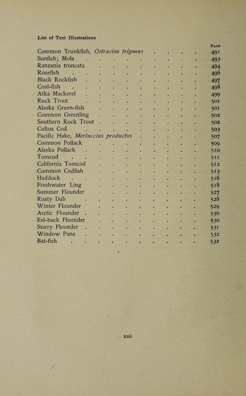 Page Common Trunkfish, Ostracion trigonus . . . . 491 Sunfish; Mola. 493 Ranzania truncata.494 Rosefish.496 Black Rockfish.497 Coal-fish.498 Atka Mackerel.499 Rock Trout.501 Alaska Green-fish.501 Common Greenling.502 Southern Rock Trout ..502 Cultus Cod 503 Pacific Hake, Merluccius productus.507 Common Pollack.509 Alaska Pollack.510 Tomcod.511 California Tomcod ........ 512 Common Codfish.513 Haddock.516 Freshwater Ling.518 Summer Flounder.527 Rusty Dab .~ 528 Winter Flounder.529 Arctic Flounder.530 Eel-back Flounder.330 Starry Flounder ..331 Window Pane.332 Bat-fish.532 D