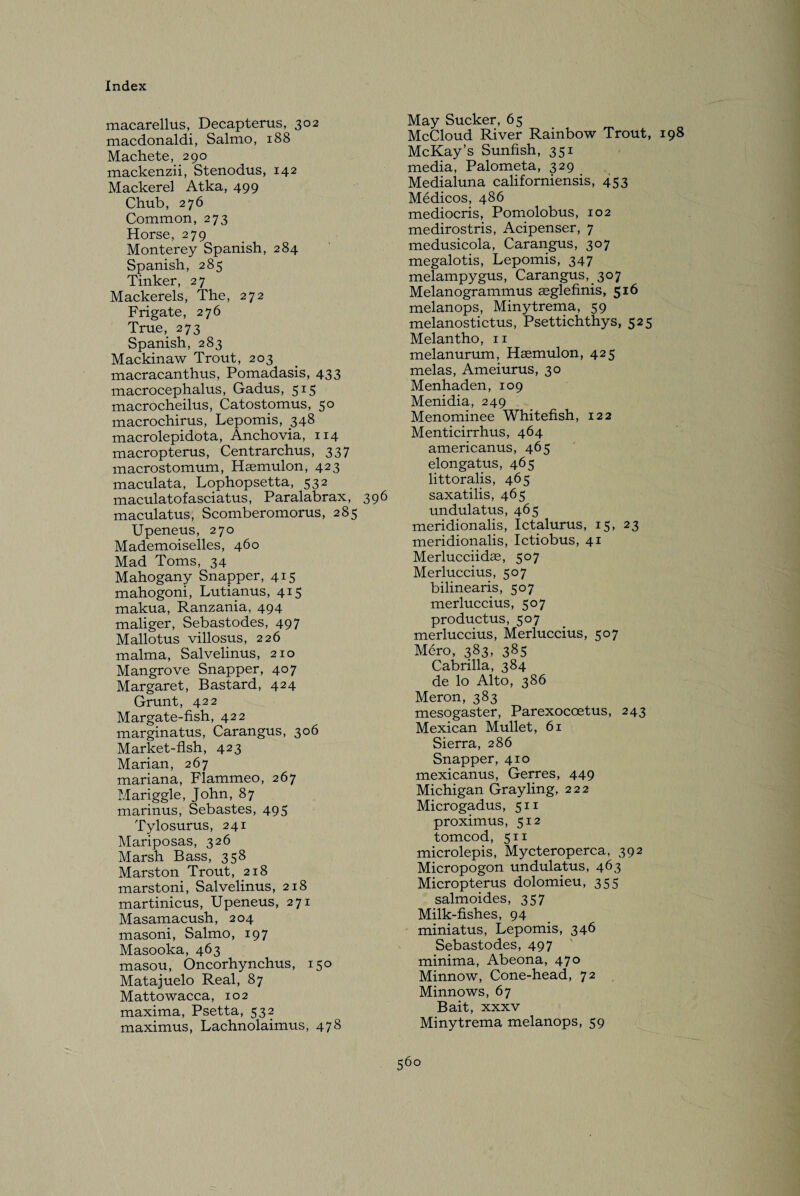 macarellus, Decapterus, 302 macdonaldi, Salmo, 188 Machete, 290 mackenzii, Stenodus, 142 Mackerel Atka, 499 Chub, 276 Common, 273 Horse, 279 Monterey Spanish, 284 Spanish, 285 Tinker, 27 Mackerels, The, 272 Frigate, 276 True, 273 Spanish, 283 Mackinaw Trout, 203 macracanthus, Pomadasis, 433 macrocephalus, Gadus, 515 macrocheilus, Catostomus, 50 macrochirus, Lepomis, 348 macrolepidota, Anchovia, 114 macropterus, Centrarchus, 337 macrostomum, Hsemulon, 423 maculata, Lophopsetta, 532 maculatofasciatus, Paralabrax, 396 maculatus, Scomberomorus, 285 Upeneus, 270 Mademoiselles, 460 Mad Toms, 34 Mahogany Snapper, 415 mahogoni, Lutianus, 415 makua, Ranzania, 494 maliger, Sebastodes, 497 Mallotus villosus, 226 malma, Salvelinus, 210 Mangrove Snapper, 407 Margaret, Bastard, 424 Grunt, 422 Margate-fish, 422 marginatus, Carangus, 306 Market-fish, 423 Marian, 267 mariana, Flammeo, 267 Mariggle, John, 87 marinus, Sebastes, 495 Tylosurus, 241 Mariposas, 326 Marsh Bass, 358 Marston Trout, 218 marstoni, Salvelinus, 218 martinicus, Upeneus, 271 Masamacush, 204 masoni, Salmo, 197 Masooka, 463 masou, Oncorhynchus, 150 Matajuelo Real, 87 Mattowacca, 102 maxima, Psetta, 532 maximus, Lachnolaimus, 478 May Sucker, 65 McCloud River Rainbow Trout, 198 McKay’s Sunfish, 351 media, Palometa, 329 Medialuna californiensis, 453 Medicos, 486 mediocris, Pomolobus, 102 medirostris, Acipenser, 7 medusicola, Carangus, 307 megalotis, Lepomis, 347 melampygus, Carangus, 307 Melanogrammus aeglefinis, 516 melanops, Minytrema, 59 melanostictus, Psettichthys, 525 Melantho, n melanurum, Haemulon, 425 melas, Ameiurus, 30 Menhaden, 109 Menidia, 249 Menominee Whitefish, 122 Menticirrhus, 464 americanus, 465 elongatus, 465 littoralis, 465 saxatilis, 465 undulatus, 465 meridionalis, Ictalurus, 15, 23 meridionalis, Ictiobus, 41 Merlucciidse, 507 Merluccius, 507 bilinearis, 507 merluccius, 507 productus, 507 merluccius, Merluccius, 507 Mero, 383, 385 Cabrilla, 384 de lo Alto, 386 Meron, 383 mesogaster, Parexocoetus, 243 Mexican Mullet, 61 Sierra, 286 Snapper, 410 mexicanus, Gerres, 449 Michigan Grayling, 222 Microgadus, 511 proximus, 512 tomcod, 511 microlepis, Mycteroperca, 392 Micropogon undulatus, 463 Micropterus dolomieu, 355 salmoides, 357 Milk-fishes, 94 miniatus, Lepomis, 346 Sebastodes, 497 minima, Abeona, 470 Minnow, Cone-head, 72 Minnows, 67 Bait, xxxv Minytrema melanops, 59 56°