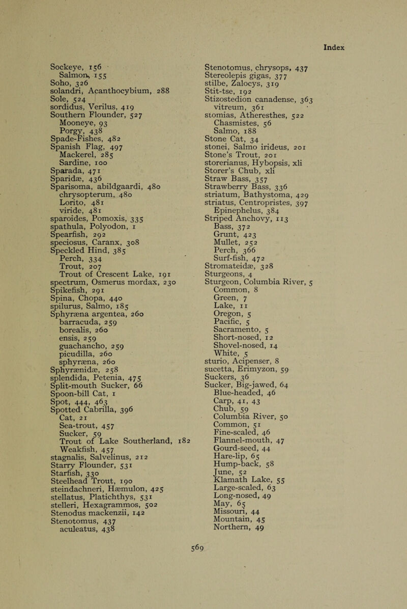 Sockeye, 156 Salmon^ 155 Soho, 326 solandrij Acanthocybium, 288 Sole, 524 sordidus, Verilus, 419 Southern Flounder, 527 Mooneye, 93 Porgy, 438 Spade-Fishes, 482 Spanish Flag, 497 Mackerel, 285 Sardine, 100 Sparada, 471 Sparidas, 436 Sparisoma, abildgaardi, 480 chrysopterum, 480 Lorito, 481 viride, 481 sparoides, Pomoxis, 335 spathula, Polyodon, 1 Spearfish, 292 speciosus, Caranx, 308 Speckled Hind, 385 Perch, 334 Trout, 207 Trout of Crescent Lake, 191 spectrum, Osmerus mordax, 230 Spikefish, 291 Spina, Chopa, 440 spilurus, Salmo, 185 Sphyraena argentea, 260 barracuda, 259 borealis, 260 ensis, 259 guachancho, 259 picudilla, 260 sphyraena, 260 Sphyraenidae, 258 splendida, Petenia, 475 Split-mouth Sucker, 66 Spoon-bill Cat, 1 Spot, 444, 463 Spotted Cabrilla, 396 Cat, 21 Sea-trout, 457 Sucker, 59 Trout of Lake Southerland, 182 Weakfish, 457 stagnalis, Salvelinus, 212 Starry Flounder, 531 Starfish, 330 Steelhead Trout, 190 steindachneri, Haemulon, 425 stellatus, Platichthys, 531 stelleri, Hexagrammos, 502 Stenodus mackenzii, 142 Stenotomus, 437 aculeatus, 438 Stenotomus, chrysops, 437 Stereolepis gigas, 377 stilbe, Zalocys, 319 Stit-tse, 192 Stizostedion canadense, 363 vitreum, 361 stomias, Atheresthes, 522 Chasmistes, 56 Salmo, 188 Stone Cat, 34 stonei, Salmo irideus, 201 Stone’s Trout, 201 storerianus, Hybopsis, xli Storer’s Chub, xli Straw Bass, 357 Strawberry Bass, 336 striatum, Bathystoma, 429 striatus, Centropristes, 397 Epinephelus, 384 Striped Anchovy, 113 Bass, 372 Grunt, 423 Mullet, 252 Perch, 366 Surf-fish, 472 Stromateidse, 328 Sturgeons, 4 Sturgeon, Columbia River, 5 Common, 8 Green, 7 Lake, 11 Oregon, 5 Pacific, s Sacramento, 5 Short-nosed, 12 Shovel-nosed, 14 White, 5 sturio, Acipenser, 8 sucetta, Erimyzon, 59 Suckers, 36 Sucker, Big-jawed, 64 Blue-headed, 46 Carp, 41, 43 Chub, 59 Columbia River, 50 Common, 51 Fine-scaled, 46 Flannel-mouth, 47 Gourd-seed, 44 Hare-lip, 65 Hump-back, 58 June, 52 Klamath Lake, 55 Large-scaled, 63 Long-nosed, 49 May, 65 Missouri, 44 Mountain, 45 Northern, 49