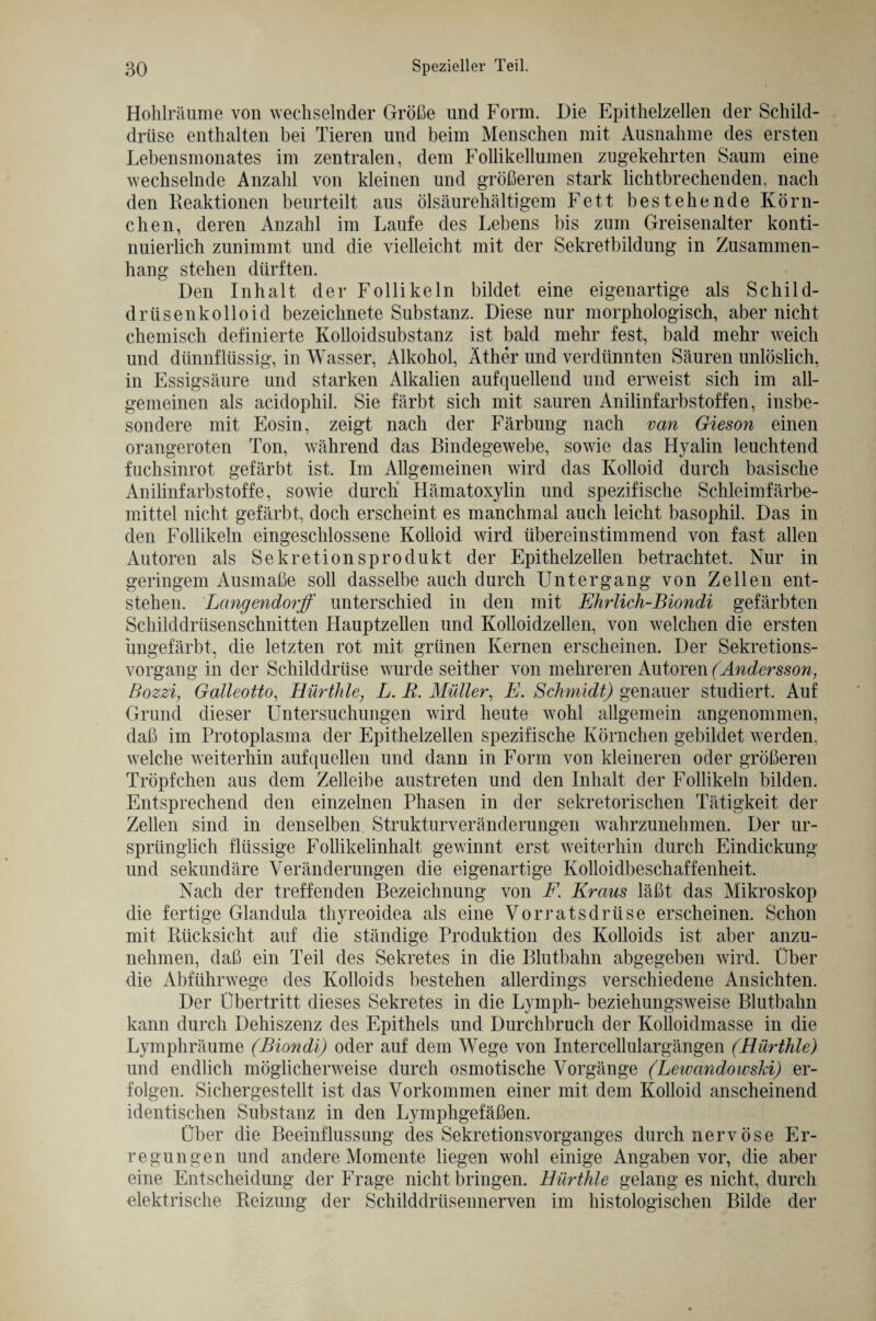 Hohlräume von wechselnder Größe und Form. Die Epithelzellen der Schild¬ drüse enthalten bei Tieren und beim Menschen mit Ausnahme des ersten Lebensmonates im zentralen, dem Follikellumen zugekehrten Saum eine wechselnde Anzahl von kleinen und größeren stark lichtbrechenden, nach den Reaktionen beurteilt aus ölsäurehältigem Fett bestehende Körn¬ chen, deren Anzahl im Laufe des Lebens bis zum Greisenalter konti¬ nuierlich zunimmt und die vielleicht mit der Sekretbildung in Zusammen¬ hang stehen dürften. Den Inhalt der Follikeln bildet eine eigenartige als Schild¬ drüsenkolloid bezeichnete Substanz. Diese nur morphologisch, aber nicht chemisch definierte Kolloidsubstanz ist bald mehr fest, bald mehr weich und dünnflüssig, in Wasser, Alkohol, Äther und verdünnten Säuren unlöslich, in Essigsäure und starken Alkalien aufquellend und erweist sich im all¬ gemeinen als acidophil. Sie färbt sich mit sauren Anilinfarbstoffen, insbe¬ sondere mit Eosin, zeigt nach der Färbung nach van Gieson einen orangeroten Ton, während das Bindegewebe, sowie das Hyalin leuchtend fuchsinrot gefärbt ist. Im Allgemeinen wird das Kolloid durch basische Anilinfarbstoffe, sowie durch Hämatoxylin und spezifische Schleimfärbe¬ mittel nicht gefärbt, doch erscheint es manchmal auch leicht basophil. Das in den Follikeln eingeschlossene Kolloid wird übereinstimmend von fast allen Autoren als Sekretionsprodukt der Epithelzellen betrachtet. Nur in geringem Ausmaße soll dasselbe auch durch Untergang von Zellen ent¬ stehen. Langendorff unterschied in den mit Ehrlich-Biondi gefärbten Schilddrüsenschnitten Hauptzellen und Kolloidzellen, von welchen die ersten ungefärbt, die letzten rot mit grünen Kernen erscheinen. Der Sekretions¬ vorgang in der Schilddrüse wurde seither von mehreren Autoren (Andersson, Bozzi, Galleotto, Hürthle; L. R. Müller, E. Schmidt) genauer studiert. Auf Grund dieser Untersuchungen wird heute wohl allgemein angenommen, daß im Protoplasma der Epithelzellen spezifische Körnchen gebildet werden, welche weiterhin aufquellen und dann in Form von kleineren oder größeren Tröpfchen aus dem Zelleibe austreten und den Inhalt der Follikeln bilden. Entsprechend den einzelnen Phasen in der sekretorischen Tätigkeit der Zellen sind in denselben. Strukturveränderungen wahrzunehmen. Der ur¬ sprünglich flüssige Follikelinhalt gewinnt erst weiterhin durch Eindickung und sekundäre Veränderungen die eigenartige Kolloidbeschaffenheit. Nach der treffenden Bezeichnung von F. Kraus läßt das Mikroskop die fertige Glandula thyreoidea als eine Vorratsdrüse erscheinen. Schon mit Rücksicht auf die ständige Produktion des Kolloids ist aber anzu¬ nehmen, daß ein Teil des Sekretes in die Blutbahn abgegeben wird. Über die Abführwege des Kolloids bestehen allerdings verschiedene Ansichten. Der Übertritt dieses Sekretes in die Lymph- beziehungsweise Blutbahn kann durch Dehiszenz des Epithels und Durchbruch der Kolloidmasse in die Lymphräume (Biondi) oder auf dem Wege von Intercellulargängen (Hürthle) und endlich möglicherweise durch osmotische Vorgänge (Lewandowski) er¬ folgen. Sichergestellt ist das Vorkommen einer mit dem Kolloid anscheinend identischen Substanz in den Lymphgefäßen. Über die Beeinflussung des Sekretionsvorganges durch nervöse Er¬ regungen und andere Momente liegen wohl einige Angaben vor, die aber eine Entscheidung der Frage nicht bringen. Hürthle gelang es nicht, durch elektrische Reizung der Schilddrüsennerven im histologischen Bilde der