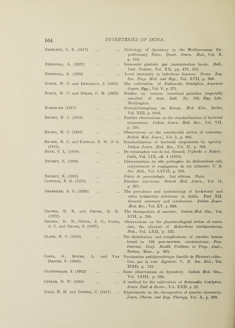 Bartlett, G. B. (1917) Besredka, A. (1922) Besredka, A. (1924) Boeck, W. C. and Drhohlav, J. (1925) Boeck, W. C. and Stiles, C. W. (1923) Boehncke (1917) Brown, H. 0. (1919) Brown, H. 0. (1922) Brown, H. C. and Kirwan, E. W. O’ G. (1915). Brug, S. L. (1919) Brumpt, E. (1909) Brumpt, E. (1913) Cawston, F. G. (1922) Chandler, A. C. (1928) Chopra, R. N. and Ghosh, B. N. (1922). Chopra, R. N., Gupta, J. C., David, J. C. and Ghosh, S. (1927). Clark, H. C. (1924) Costa, S., Boyer, L. and Van Deiuse, F. (1925). Cunningham, J. (1923) Cutler, D. W. (1918) Dale, H. H. and Dobell, C. (1917) Pathology of dysentery in the Mediterranean Ex¬ peditionary Force. Quart. Journ. Med., Vol. X, p. 185. Immunite generale par immunisation locale. Bull., Inst. Pasteur, Vol. XX, pp. 473, 513. Local immunity in infectious diseases. Trans. Boy. Soc. Trop. Med. and Hyg., Vol. XVII, p. 346. The cultivation of Endamoeba histolytica. American Journ. Hyg., Vol. V, p. 371. Studies on various intestinal parasites (especially amoeba'.) of man. Bull. No. 133. Hyg. Lab., Washington. Rurschiitzimpfung im Kriege. Med. Klin. Berlin, Vol. XIII, p. 1083. Further observations on the standardization of bacterial suspensions. Indian Journ. Med. Res., Vol. VII, p. 238. Observations on the araoebicidal action of conessine. British Med. Journ., Vol. I, p. 993. Standardization of bacterial suspensions by opacity. Indian Journ. Med. Res., Vol. II, p. 763. De entamoeben van de rat. Geneesk. Tijdschr. v. Nederl.- Indie, Vol. LIX, afl. 4 (1919). Demonstration du role pathog6ne du Balantidium coli, enkystement et conjugaison de cet infusoire. G. R. Soc. Biol., Vol. LXVII, p. 103. Precis de parasitologic. 2nd edition. Paris. Emetine injections. British Med. Journ., Vol. II, p. 661. The prevalence and epidemiology of hookworm and other helminthic infections in India. Part XII. General summary and conclusions. Indian Journ. Med. Res., Vol. XV, p. 695. The therapeutics of emetine. Indian Med. Gaz., Vol. LVII, p. 248. Observations on the pharmacological action of cones¬ sine, the alkaloid of Holarrhena antidysentenca. Ibid., Vol. LXII, p. 132. The distribution and complications of amoebic lesions found in 186 post-mortem examinations. Proc. Internat. Conf. Health Problems in Trop. Amer., Boston, Mass., p. 365. Vaccination antid3Tsenterique (bacille de Flexner) collec¬ tive, par la voie digestive. C. R. Soc. Biol., Vol. XCIII, p. 122. Some observations on dysentery. Indian Med. Gaz., Vol. LVIII, p. 358. A method for the cultivation of Entamoeba histolytica. Journ. Path & Bader., Vol. XXII, p. 22. Experiments on the therapeutics of amoebic dysentery. Journ. Pharm. and Exp. Therapy, Vol. X, p. 399.
