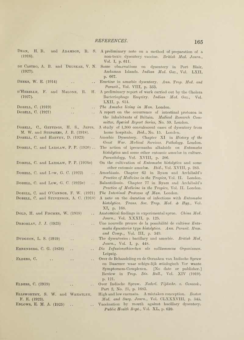 Dean, H. R. and Adamson, R. S. (1916). de Castro, A. B. and Deuskak, V. N. (1927). Deeks, W. E. (1914) d’Herelle, F. and Malone, R. H. (1927). Dobell, 0. (1919) Dobell, 0. (1921) Dobell, 0., Gettings, H. S.. Jepps, M. W. and Stephens, J. B. (1918). Dobell, G. and Harvey, D. (1923) Dobell, C. and Laidlaw, P. P. (1926) .. Dobell, 0. and Laidlaw, P. P. (1926a) Dobell, C. and Low, G. C. (1922) Dobell, G. and Low, G. C. (1922a) Dobell, C. and O’Connor, F. W. (1921) Dobell, C. and Stevenson, A. C. (1918) Dold, IT. and Fischer, W. (1918) Drbohlav, J. J. (1925) Dudgeon, L. S. (1919) Ehrenberg, C. G. (1838) Elders, G. Elders, C. (1919) Ellsworthy, S. W. and Wheatley, F. E. (1923). Enlows, E. M. A. (1925) A preliminary note on a method of preparation of a non-toxic dysentery vaccine. British Med. Journ., Vol. I, p. 611. Some observations on dysentery in Port Blair, Andaman Islands. Indian Med. Gaz., Vol. LXII, p. 667. Emetine in amoebic dysentery. Ann. Trop. Med. and Parasit., Vol. VIII, p. 353. A preliminary report of work carried out by the Cholera Bacteriophage Enquiry. Indian ' Med. Gaz., Vol. LXII, p. 614. The Amaebije living in Man. London. A report on the occurrence of intestinal protozoa in the inhabitants of Britain. Medical Research Com¬ mittee, Special Report Series, No. 59. London. A study of 1,300 convalescent cases of dysentery from home hospitals. Ibid., No. 15. London. Amoebic Dysentery. Chapter XI in History of the Great War. Medical Services. Pathology. London. The action of ipecacuanha alkaloids on Entamoeba histolytica and some other entozoic amoebae in culture. Parasitology, Vol. XVIII, p. 206. On the cultivation of Entamoeba histolytica and some other entozoic amoebae. Ibid., Vol. XVIII, p. 283. Amoebiasis. Chapter 62 in Byam and Archibald’s Practice of Medicine in the Tropics, Vol. II. London. Balantidiosis. Chapter 77 in Byam and Archibald’s Practice of Medicine in the Tropics, Vol. II. London. The Intestinal Protozoa of Man. London. A note on the duration of infections with Entamoeba histolytica. Trans. Soc. Trop. Med. & Hyg., Vol. XI, p. 168. Anatomical findings in experimental sprue. China Med. Journ., Vol. XXXII, p. 125. IJne nouvelle preuve de la possibility de cultiver Enta¬ moeba dysenterioe type histolytica. Ann. Parasit. Hum. and Comp., Vol. Ill, p. 349. The dysenteries : bacillary and amoebic. British Med. Journ., Vol. I, p. 448. Die Tnfusionsthierchen als vollkommene Organismen. Leipzig. Over de Behandeling en de Oorzaken van Indische Spruw on Daarmer waar schigu-lijk aetiologisch Ver wante Symptomem-Complexen. [No date or publisher.] Review in Trop. Dis. Bull., Vol. XIV (1919). p. 121. Over Indische Spruw. Nederl. Tijdschr. v. Geneesic., Part 2, No. 21, p. 1683. High and low enemata. A mistaken conception. Boston Med. and Surg. Journ., Vol. OLXXXVIII, p. 545. Vaccination by mouth against bacillary dysentery. Public Health Rept., Vol. XL, p. 639.