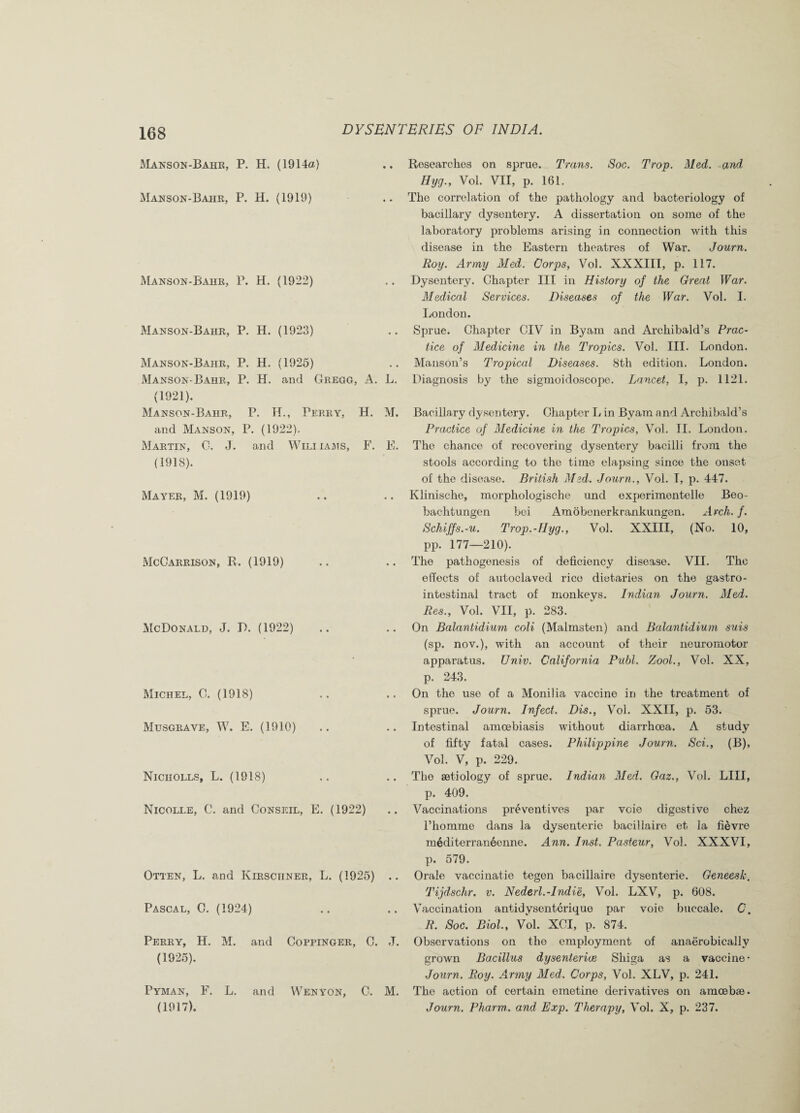 Manson-Bahr, P. H. (1914a) DYSENTERIES OF INDIA. Manson-Bahr, P. H. (1919) Manson-Bahr, P. H. (1922) Manson-Bahr, P. H. (1923) Manson-Bahr, P. H. (1925) Manson-Bahr, P. H. and Gregg, A. L. (1921). Manson-Bahr, P. H., Perry, H. M. and Manson, P. (1922). Martin, 0. J. and Wili iams, F. E. (1918). Mayer, M. (1919) McGarrison, R. (1919) McDonald, J. D. (1922) Michel, 0. (1918) Musgrave, W. E. (1910) Nicholls, L. (1918) Nicolle, C. and Gonseil, E. (1922) Otten, L. and Kerschner, L. (1925) .. Pascal, C. (1924) Perry, H. M. and Coppinger, 0. J. (1925). Pyman, F. L. and Wenyon, G. M. Researches on sprue. Trans. Soc. Trop. Med. and Hyg., Vol. VII, p. 161. The correlation of the pathology and bacteriology of bacillary dysentery. A dissertation on some of the laboratory problems arising in connection with this disease in the Eastern theatres of War. Journ. Roy. Army Med. Corps, Vol. XXXIII, p. 117. Dysentery. Chapter III in History of the Great War. Medical Services. Diseases of the War. Vol. I. London. Sprue. Chapter CIV in Byam and Archibald’s Prac¬ tice of Medicine in the Tropics. Vol. III. London. Manson’s Tropical Diseases. 8th edition. London. Diagnosis by the sigmoidoscope. Lancet, I, p. 1121. Bacillary dysentery. Chapter L in Byam and Archibald’s Practice of Medicine in the Tropics, Vol. II. London. The chance of recovering dysentery bacilli from the stools according to the time elapsing since the onset of the disease. British Med. Journ., Vol. T, p. 447. Klinische, morphologische und experimentelle Beo- bachtungen bei Amobenerkrankungen. Arch. f. Schiffs.-u. Trop.-Hyg., Vol. XXIII, (No. 10, pp. 177—210). The pathogenesis of deficiency disease. VII. The effects of autoclaved rice dietaries on the gastro¬ intestinal tract of monkeys. Indian Journ. Med. Res., Vol. VII, p. 283. On Balantidium coli (Malmsten) and Balantidium suis (sp. nov.), with an account of their neuromotor apparatus. Univ. California Fubl. Zool., Vol. XX, p. 243. On the use of a Monilia vaccine in the treatment of sprue. Journ. Infect. Dis., Vol. XXII, p. 53. Intestinal amcebiasis without diarrhoea. A study of fifty fatal cases. Philippine Journ. Sci., (B), Vol. V, p. 229. The aetiology of sprue. Indian Med. Gaz., Vol. LIII, p. 409. Vaccinations preventives par vcie digestive chez l’homme dans la dysenterie bacillaire et la fievre mediterraneenne. Ann. Inst. Pasteur, Vol. XXXVI, p. 579. Orale vaccinatie tegen bacillaire dysenterie. Geneesk. Tijdschr. v. Nederl.-Indie, Vol. LXV, p. 608. Vaccination antidysentcrique par voie buccale. C. R. Soc. Biol., Vol. XCI, p. 874. Observations on the employment of anaerobically grown Bacillus dysenterice Shiga as a vaccine- Journ. Roy. Army Med. Corps, Vol. XLV, p. 241. The action of certain emetine derivatives on amoebae.