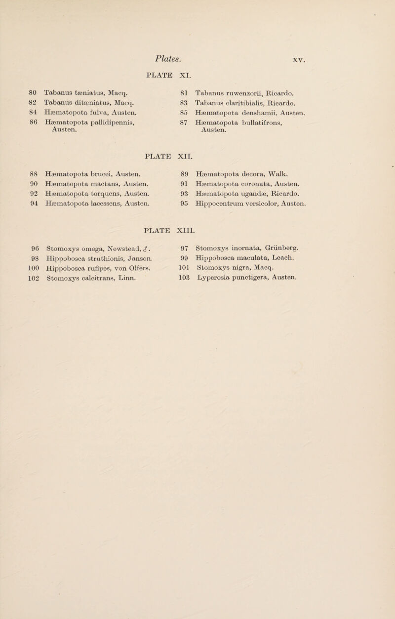 82 84 86 88 90 92 94 96 98 100 102 Plates. XV. PLATE Tabanus ditaeniatus, Macq. Haematopota fulva, Austen. Haematopota pallidipennis, Austen. PLATE Haematopota brucei, Austen. Haematopota mactans, Austen. Haematopota torquens, Austen. Haematopota lacessens, Austen. PLATE Stomoxys omega, Newstead, $. Hippobosca struthionis, Janson. Hippobosca rufipes, von Olfers. Stomoxys calcitrans, Linn. XI. 81 Tabanus ruwenzorii, Ricardo. 83 Tabanus claritibialis, Ricardo. 85 Haematopota denshamii, Austen. 87 Haematopota bullatifrons, Austen. XII. 89 Haematopota decora, Walk. 91 Haematopota coronata, Austen. 93 Haematopota ugandae, Ricardo. 95 Hippocentrum versicolor, Austen. XIII. 97 Stomoxys inornata, Griinberg. 99 Hippobosca maculata, Leach. 101 Stomoxys nigra, Macq. 103 Lyperosia punctigera, Austen.
