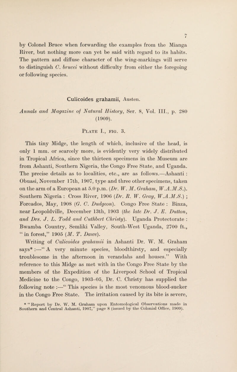 by Colonel Bruce when forwarding the examples from the Mianga River, but nothing more can yet be said with regard to its habits. The pattern and diffuse character of the wing-markings will serve to distinguish C. brucei without difficulty from either the foregoing or following species. Culicoides grahamii, Austen. Annals and Magazine of Natural History, Ser. 8, Vol. III., p. 280 (1909). Plate I., fig. 3. This tiny Midge, the length of which, inclusive of the head, is only 1 mm. or scarcely more, is evidently very widely distributed in Tropical Africa, since the thirteen specimens in the Museum are from Ashanti, Southern Nigeria, the Congo Free State, and Uganda. The precise details as to localities, etc., are as follows.—Ashanti : Obuasi, November 17th, 1907, type and three other specimens, taken on the arm of a European at 5.0 p.m. (Dr. W. M. Graham, W.A.M.$.). Southern Nigeria : Cross River, 1906 (Dr. R. W. Gray, W.A.M.S.) ; Forcados, May, 1908 (G. G. Dudgeon). Congo Free State : Binza, near Leopoldville, December 13th, 1903 (the late Dr. J. E. Dutton, and Drs. J. L. Todd and Cuthbert Christy). Uganda Protectorate : Bwamba Country, Semliki Valley, South-West Uganda, 2700 ft., “ in forest,” 1905 (M. T. Dawe). Writing of Culicoides grahamii in Ashanti Dr. W. M. Graham says* :—46 A very minute species, bloodthirsty, and especially troublesome in the afternoon in verandahs and houses.” With reference to this Midge as met with in the Congo Free State by the members of the Expedition of the Liverpool School of Tropical Medicine to the Congo, 1903-05, Dr. C. Christy has supplied the following note :—“ This species is the most venomous blood-sucker in the Congo Free State. The irritation caused by its bite is severe, * “Report by Dr. W. M. Graham upon Entomological Observations made in Southern and Central Ashanti, 1907,” page 8 (issued by the Colonial Office, 1909).