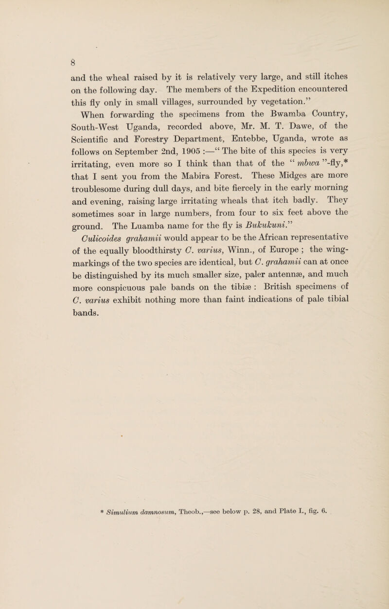 and the wheal raised by it is relatively very large, and still itches on the following day. The members of the Expedition encountered this fly only in small villages, surrounded by vegetation.” When forwarding the specimens from the Bwamba Country, South-West Uganda, recorded above, Mr. M. T. Dawe, of the Scientific and Forestry Department, Entebbe, Uganda, wrote as follows on September 2nd, 1905 :—“ The bite of this species is very irritating, even more so I think than that of the “ rnbwa ”-fly,* that I sent yon from the Mabira Forest. These Midges are more troublesome during dull days, and bite fiercely in the early morning and evening, raising large irritating wheals that itch badly. They sometimes soar in large numbers, from four to six feet above the ground. The Luamba name for the fly is Buhukuni.” Culicoides grahamii would appear to be the African representative of the equally bloodthirsty G. varius, Winn., of Europe ; the wing- markings of the two species are identical, but C. grahamii can at once be distinguished by its much smaller size, paler antennae, and much more conspicuous pale bands on the tibiae : British specimens of C. varius exhibit nothing more than faint indications of pale tibial bands. * Simulium damnosum, Theob.,—see below p. 28, and Plate I., fig. 6.