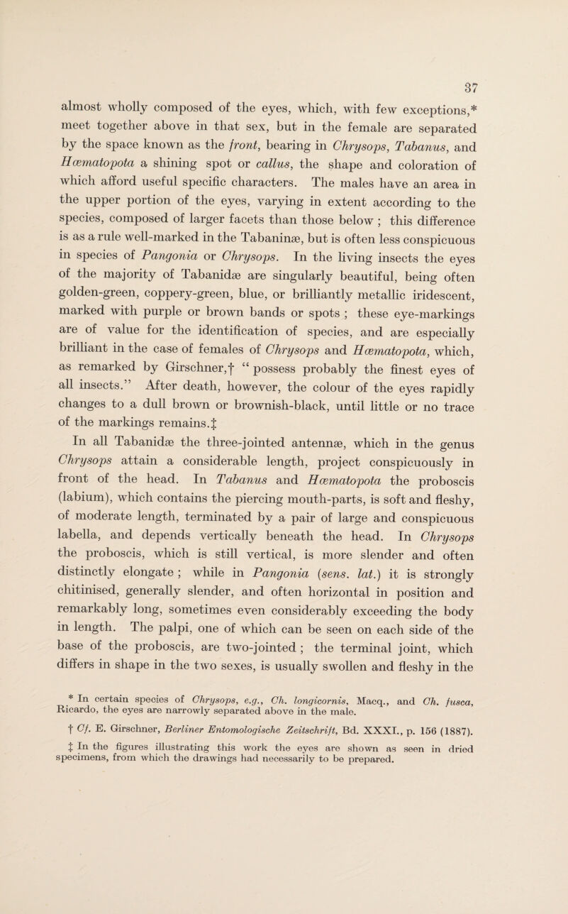 almost wholly composed of the eyes, which, with few exceptions,* meet together above in that sex, but in the female are separated by the space known as the front, bearing in Chrysops, Tabanus, and Hcematopota a shining spot or callus, the shape and coloration of which afford useful specific characters. The males have an area in the upper portion of the eyes, varying in extent according to the species, composed of larger facets than those below ; this difference is as a rule well-marked in the Tabaninse, but is often less conspicuous in species of Pangonia or Chrysops. In the living insects the eyes of the majority of Tabanidse are singularly beautiful, being often golden-green, coppery-green, blue, or brilliantly metallic iridescent, marked with purple or brown bands or spots ; these eye-markings are of value for the identification of species, and are especially brilliant in the case of females of Chrysops and Hcematopota, which, as remarked by Girschner,f “ possess probably the finest eyes of all insects. After death, however, the colour of the eyes rapidly changes to a dull brown or brownish-black, until little or no trace of the markings remains.{ In all Tabanidse the three-jointed antennae, which in the genus Chrysops attain a considerable length, project conspicuously in front of the head. In Tabanus and Hcematopota the proboscis (labium), which contains the piercing mouth-parts, is soft and fleshy, of moderate length, terminated by a pair of large and conspicuous labella, and depends vertically beneath the head. In Chrysops the proboscis, which is still vertical, is more slender and often distinctly elongate ; while in Pangonia (sens, lat.) it is strongly chitinised, generally slender, and often horizontal in position and remarkably long, sometimes even considerably exceeding the body in length. The palpi, one of which can be seen on each side of the base of the proboscis, are two-jointed ; the terminal joint, which differs in shape in the two sexes, is usually swollen and fleshy in the * certain species of Chrysops, e.g., Ch. longicornis, Macq., and Ch. fusca, Ricardo, the eyes are narrowly separated above in the male. f Cf. E. Girschner, Berliner Entomologische Zeitschrift, Bd. XXXI., p. 156 (1887). t In the figures illustrating this work the eyes are shown as seen in dried specimens, from which the drawings had necessarily to be prepared.