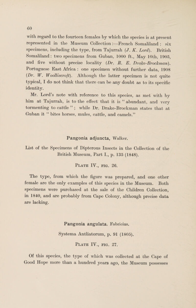 with regard to the fourteen females by which the species is at present represented in the Museum Collection:—French Somaliland : six specimens, including the type, from Tajurrah (J. K. Lord). British Somaliland: two specimens from Guban, 1000 ft., May 10th, 1905, and five without precise locality {Dr. R. E. Dralce-Brockman). Portuguese East Africa : one specimen without further data, 1908 {Dr. W. Woolliscroft). Although the latter specimen is not quite typical, I do not think that there can be any doubt as to its specific identity. Mr. Lord’s note with reference to this species, as met with by him at Tajurrah, is to the effect that it is “ abundant, and very tormenting to cattle ” ; while Dr. Drake-Brockman states that at Guban it “ bites horses, mules, cattle, and camels.” Pangonia adjuncta, Walker. List of the Specimens of Dipterous Insects in the Collection of the British Museum, Part I., p. 135 (1848). Plate IV., fig. 26. The type, from which the figure was prepared, and one other female are the only examples of this species in the Museum. Both specimens were purchased at the sale of the Children Collection, in 1840, and are probably from Cape Colony, although precise data are lacking. Pangonia angulata, Fabricius. Systema Antliatorum, p. 91 (1805). Plate IV., fig. 27. Of this species, the type of which was collected at the Cape of Good Hope more than a hundred years ago, the Museum possesses
