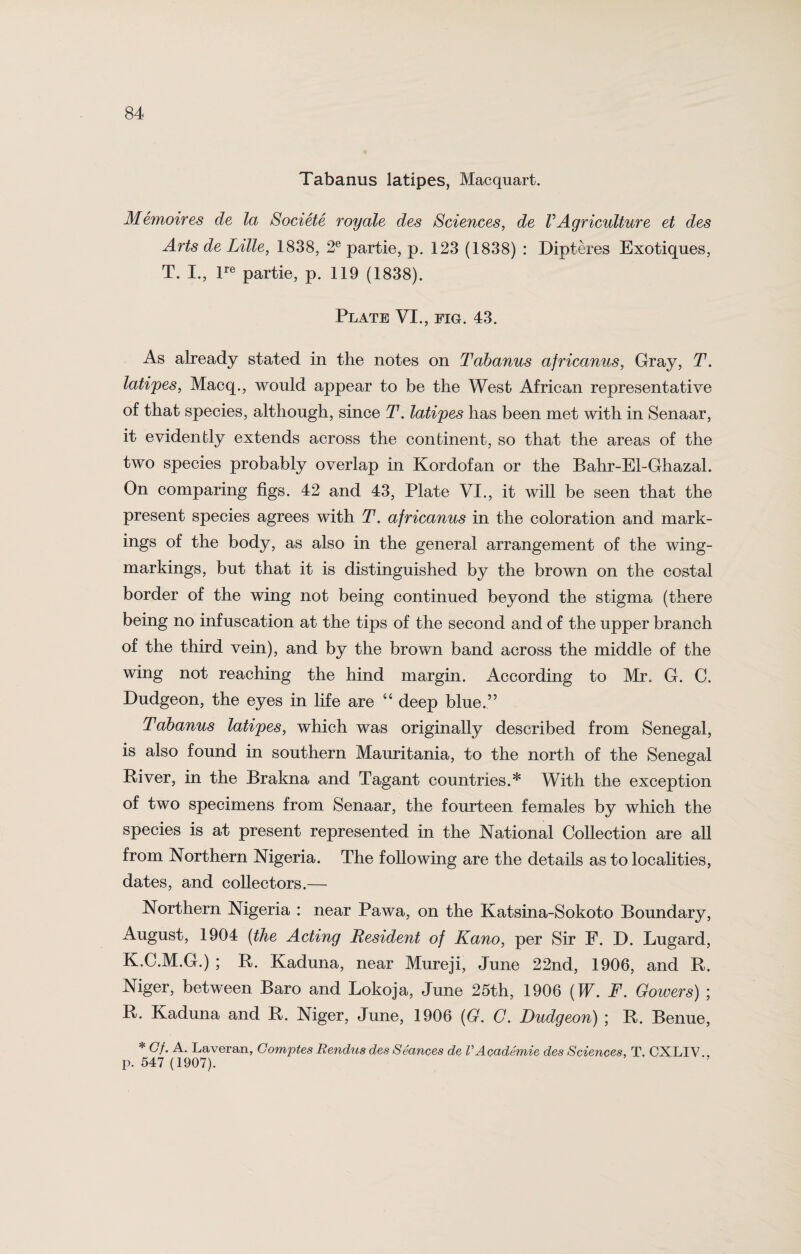 Tabanus latipes, Macquart. Memoires de la Societe royale des Sciences, de VAgriculture et des Arts de Lille, 1838, 2e partie, p. 123 (1838) : Dipteres Exotiques, T. I., lre partie, p. 119 (1838). Plate VI., fig. 43. As already stated in the notes on Tabanus africanus, Gray, T. latipes, Macq., would appear to be the West African representative of that species, although, since T. latipes has been met with in Senaar, it evidently extends across the continent, so that the areas of the two species probably overlap in Kordofan or the Bahr-El-Ghazal. On comparing figs. 42 and 43, Plate VI., it will be seen that the present species agrees with T. africanus in the coloration and mark¬ ings of the body, as also in the general arrangement of the wing- markings, but that it is distinguished by the brown on the costal border of the wing not being continued beyond the stigma (there being no infuscation at the tips of the second and of the upper branch of the third vein), and by the brown band across the middle of the wing not reaching the hind margin. According to Mr. G. C. Dudgeon, the eyes in life are “ deep blue.” Tabanus latipes, which was originally described from Senegal, is also found in southern Mauritania, to the north of the Senegal River, in the Brakna and Tagant countries.* With the exception of two specimens from Senaar, the fourteen females by which the species is at present represented in the National Collection are all from Northern Nigeria. The following are the details as to localities, dates, and collectors.— Northern Nigeria : near Pawa, on the Katsina-Sokoto Boundary, August, 1904 (the Acting Resident of Kano, per Sir E. D. Lugard, K.C.M.G.) ; R. Kaduna, near Mureji, June 22nd, 1906, and R. Niger, between Baro and Lokoja, June 25th, 1906 (W. F. Gowers) ; R. Kaduna and R. Niger, June, 1906 (G. G. Dudgeon) ; R. Benue, * Gf. A. Laveran, Comptes Rendus des Seances de V Academie des Sciences, T. CXLIV., p. 547 (1907).