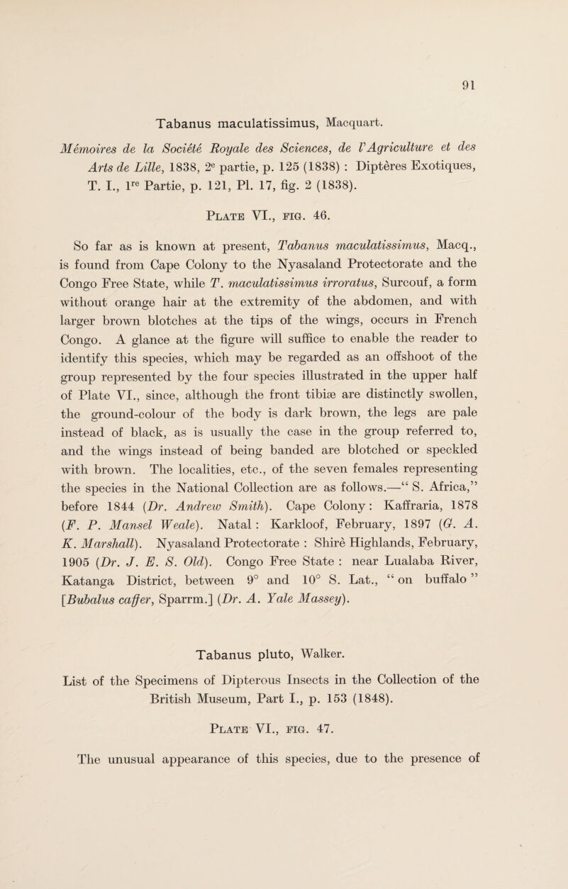 Tabanus maculatissimus, Macquart. Memoir es de la Societe Roy ale des Sciences, de V Agriculture et des Arts de Lille, 1838, 2e partie, p. 125 (1838) : Dipteres Exotiques, T. I., lre Partie, p. 121, Pl. 17, fig. 2 (1838). Plate VI., fig. 46. So far as is known at present, Tabanus maculatissimus, Macq., is found from Cape Colony to the Nyasaland Protectorate and the Congo Free State, while T. maculatissimus irroratus, Surcouf, a form without orange hair at the extremity of the abdomen, and with larger brown blotches at the tips of the wings, occurs in French Congo. A glance at the figure will suffice to enable the reader to identify this species, which may be regarded as an offshoot of the group represented by the four species illustrated in the upper half of Plate VI., since, although the front tibiae are distinctly swollen, the ground-colour of the body is dark brown, the legs are pale instead of black, as is usually the case in the group referred to, and the wings instead of being banded are blotched or speckled with brown. The localities, etc., of the seven females representing the species in the National Collection are as follows.—“ S. Africa,” before 1844 (Dr. Andrew Smith). Cape Colony: Kaffraria, 1878 (F. P. Mansel Weale). Natal : Karkloof, February, 1897 (G. A. K. Marshall). Nyasaland Protectorate : Shire Highlands, February, 1905 (Dr. J. E. S. Old). Congo Free State : near Lualaba River, Katanga District, between 9° and 10° S. Lat., “ on buffalo ” [Bubalus caffer, Sparrm.] (Dr. A. Yale Massey). Tabanus pluto, Walker. List of the Specimens of Dipterous Insects in the Collection of the British Museum, Part I., p. 153 (1848). Plate VI., fig. 47. The unusual appearance of this species, due to the presence of