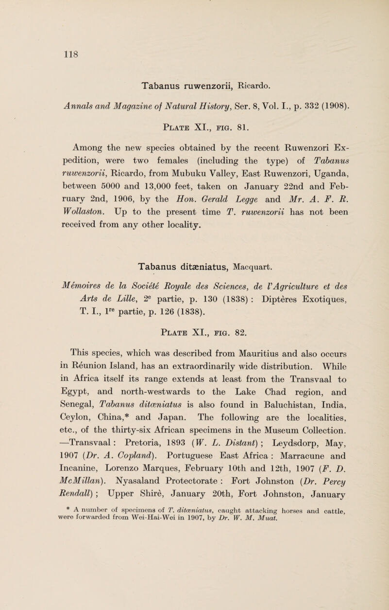 Tabanus ruwenzorii, Ricardo. Annals and Magazine of Natural History, Ser. 8, Vol. I., p. 332 (1908). Plate XI., fig. 81. Among the new species obtained by the recent Rnwenzori Ex¬ pedition, were two females (including the type) of Tabanus ruwenzorii, Ricardo, from Mubuku Valley, East Ruwenzori, Uganda, between 5000 and 13,000 feet, taken on January 22nd and Feb¬ ruary 2nd, 1906, by the Hon. Gerald Legge and Mr. A. F. R. Wollaston. Up to the present time T. ruwenzorii has not been received from any other locality. Tabanus ditaeniatus, Macquart. Memoir es de la Societe Roy ale des Sciences, de V Agriculture et des Arts de Lille, 2e partie, p. 130 (1838) : Dipteres Exotiques, T. I., lre partie, p. 126 (1838). Plate XI., fig. 82. This species, which was described from Mauritius and also occurs in Reunion Island, has an extraordinarily wide distribution. While in Africa itself its range extends at least from the Transvaal to Egypt, and north-westwards to the Lake Chad region, and Senegal, Tabanus ditceniatus is also found in Baluchistan, India, Ceylon, China,* and Japan. The following are the localities, etc., of the thirty-six African specimens in the Museum Collection. —Transvaal: Pretoria, 1893 (IT. L. Distant); Leydsdorp, May, 1907 [Dr. A. Copland). Portuguese East Africa : Marracune and Incanine, Lorenzo Marques, February 10th and 12th, 1907 (F. D. McMillan). Nyasaland Protectorate : Fort Johnston {Dr. Percy Rendall) ; Upper Shire, January 20th, Fort Johnston, January * A number of specimens of T. ditceniatus, caught attacking horses and cattle, were forwarded from Wei-Hai-Wei in 1907, by Dr. W. M. Muat.
