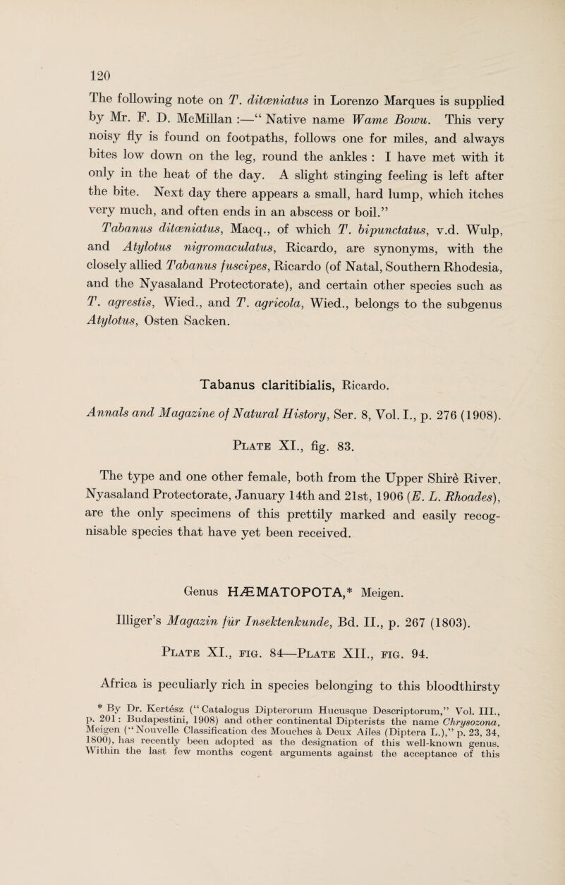 The following note on T. ditceniatus in Lorenzo Marques is supplied by Mr. F. D. McMillan :—“Native name Wame Bowu. This very noisy fly is found on footpaths, follows one for miles, and always bites low down on the leg, round the ankles : I have met with it only in the heat of the day. A slight stinging feeling is left after the bite. Next day there appears a small, hard lump, which itches very much, and often ends in an abscess or boil.” Tabanus ditceniatus, Macq., of which T. bipunctatus, v.d. Wulp, and Atylotus nigromaculatus, Ricardo, are synonyms, with the closely allied Tabanus fuscipes, Ricardo (of Natal, Southern Rhodesia, and the Nyasaland Protectorate), and certain other species such as T. agrestis, Wied., and T. agricola, Wied., belongs to the subgenus Atylotus, Osten Sacken. Tabanus claritibialis, Ricardo. Annals and Magazine of Natural History, Ser. 8, Vol. I., p. 276 (1908). Plate XI., fig. 83. The type and one other female, both from the Upper Shire River, Nyasaland Protectorate, January 14th and 21st, 1906 (E. L. Rhoades), are the only specimens of this prettily marked and easily recog¬ nisable species that have yet been received. Genus H.£sMATOPOTA,* Meigen. Illiger’s Magazin fur Insektenkunde, Bd. II., p. 267 (1803). Plate XI., fig. 84—Plate XII., fig. 94. Africa is peculiarly rich in species belonging to this bloodthirsty * By Dr. Kertesz (“ Catalogus Dipterorum Hucusque Descriptorum,” Vol. III., p. 201: Budapestini, 1908) and other continental Dipterists the name Chrysozona, Meigen (“Nouvelle Classification des Mouches a Deux Ailes (Diptera L.),” p. 23, 34, 1800), has recently been adopted as the designation of this well-known genus. Within the last few months cogent arguments against the acceptance of this
