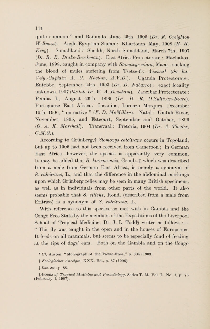 quite common,” and Bailundo, June 25th, 1905 (Dr. F. Creighton Wellman). Anglo-Egyptian Sudan : Khartoum, May, 1908 (H. H. King). Somaliland: Sheikh, North Somaliland, March 7th, 1907 (.Dr.R. E. Drake-Brockman). East Africa Protectorate : Machakos, June, 1898, caught in company with Stomoxys nigra, Macq., sucking the blood of mules suffering from Tsetse-fly disease* (the late Vety.-Captain A. G. Haslam, A.V.D.). Uganda Protectorate: Entebbe, September 24th, 1903 (Dr. D. Nabarro); exact locality unknown, 1907 (the late Dr. W. A. Densham), Zanzibar Protectorate : Pemba I., August 26th, 1899 (Dr. D. B. O'Sullivan-Bear e). Portuguese East Africa : Incanine, Lorenzo Marques, December 15th, 1906, “ on native ” (F. D. McMillan). Natal : Umfuli River, November, 1895, and Estcourt, September and October, 1896 (G. A. K. Marshall). Transvaal : Pretoria, 1904 (Dr. A. Theiler, C.M.G.). According to Griinberg,f Stomoxys calcitrans occurs in T'ogoland, but up to 1906 had not been received from Cameroon ; in German East Africa, however, the species is apparently very common. It may be added that S. korogwensis, Griinb.,t which was described from a male from German East Africa, is merely a synonym of S. calcitrans, L., and that the difference in the abdominal markings upon which Griinberg relies may be seen in many British specimens, as well as in individuals from other parts of the world. It also seems probable that S. sitiens, Rond, (described from a male from Eritrsea) is a synonym of S. calcitrans, L. With reference to this species, as met with in Gambia and the Congo Free State by the members of the Expeditions of the Liverpool School of Tropical Medicine, Dr. J. L. Todd§ writes as follows :— “ This fly was caught in the open and in the houses of Europeans, ft feeds on all mammals, but seems to be especially fond of feeding at the tips of dogs’ ears. Both on the Gambia and on the Congo * Cf. Austen, “Monograph of the Tsetse-Flies,” p. 304 (1903). f Zoologischer Anzeiger, XXX. Bd., p. 87 (1906). t Toe. cit., p. 88. §Annals of Tropical Medicine and Parasitology, Series T. M., Vol. I., No. 1, p. 76 (February 1, 1907).