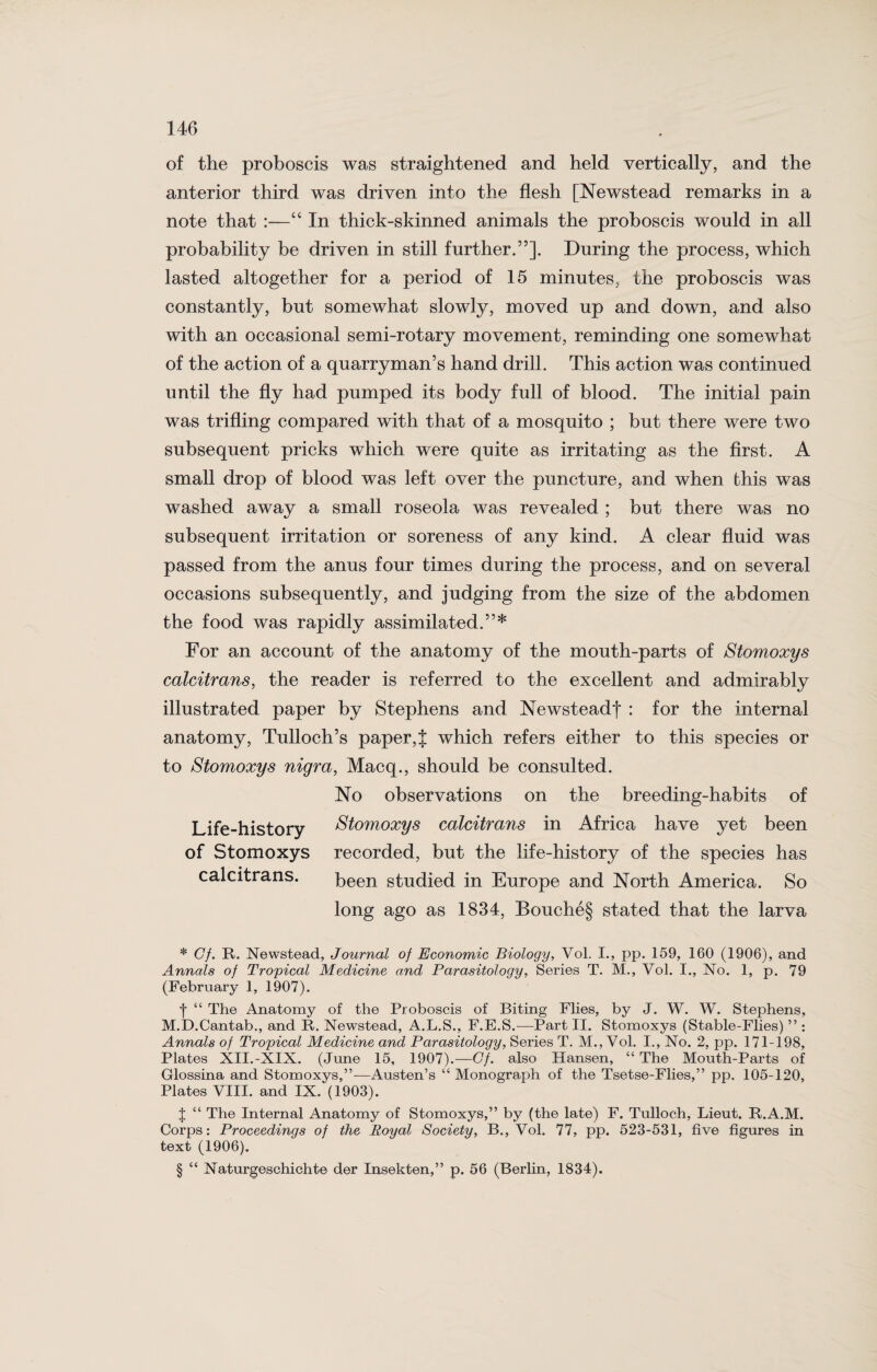 of the proboscis was straightened and held vertically, and the anterior third was driven into the flesh [Newstead remarks in a note that :—“ In thick-skinned animals the proboscis would in all probability be driven in still further.”]. During the process, which lasted altogether for a period of 15 minutes, the proboscis was constantly, but somewhat slowly, moved up and down, and also with an occasional semi-rotary movement, reminding one somewhat of the action of a quarryman’s hand drill. This action was continued until the fly had pumped its body full of blood. The initial pain was trifling compared with that of a mosquito ; but there were two subsequent pricks which were quite as irritating as the first. A small drop of blood was left over the puncture, and when this was washed away a small roseola was revealed ; but there was no subsequent irritation or soreness of any kind. A clear fluid was passed from the anus four times during the process, and on several occasions subsequently, and judging from the size of the abdomen the food was rapidly assimilated.”* For an account of the anatomy of the mouth-parts of Stomoxys calcitrans, the reader is referred to the excellent and admirably illustrated paper by Stephens and Newsteadf : for the internal anatomy, Tulloch’s paper,J which refers either to this species or to Stomoxys nigra, Macq., should be consulted. No observations on the breeding-habits of Stomoxys calcitrans in Africa have yet been recorded, but the life-history of the species has been studied in Europe and North America. So long ago as 1834, Bouche§ stated that the larva Life-history of Stomoxys calcitrans. * Cf. R. Newstead, Journal of Economic Biology, Vol. I., pp. 159, 160 (1906), and Annals of Tropical Medicine and Parasitology, Series T. M., Vol. I., No. 1, p. 79 (February 1, 1907). ■f “ The Anatomy of the Proboscis of Biting Flies, by J. W. W. Stephens, M.D.Cantab., and R. Newstead, A.L.S., F.E.S.—Part II. Stomoxys (Stable-Flies) ” : Annals of Tropical Medicine and Parasitology, Series T. M., Vol. I., No. 2, pp. 171-198, Plates XII.-XIX. (June 15, 1907).—Cf. also Hansen, “ The Mouth-Parts of Glossina and Stomoxys,”-—Austen’s “ Monograph of the Tsetse-Flies,” pp. 105-120, Plates VIII. and IX. (1903). J “ The Internal Anatomy of Stomoxys,” by (the late) F. Tulloch, Lieut. R.A.M. Corps: Proceedings of the Royal Society, B., Vol. 77, pp. 523-531, five figures in text (1906). § “ Naturgeschichte der Insekten,” p. 56 (Berlin, 1834).