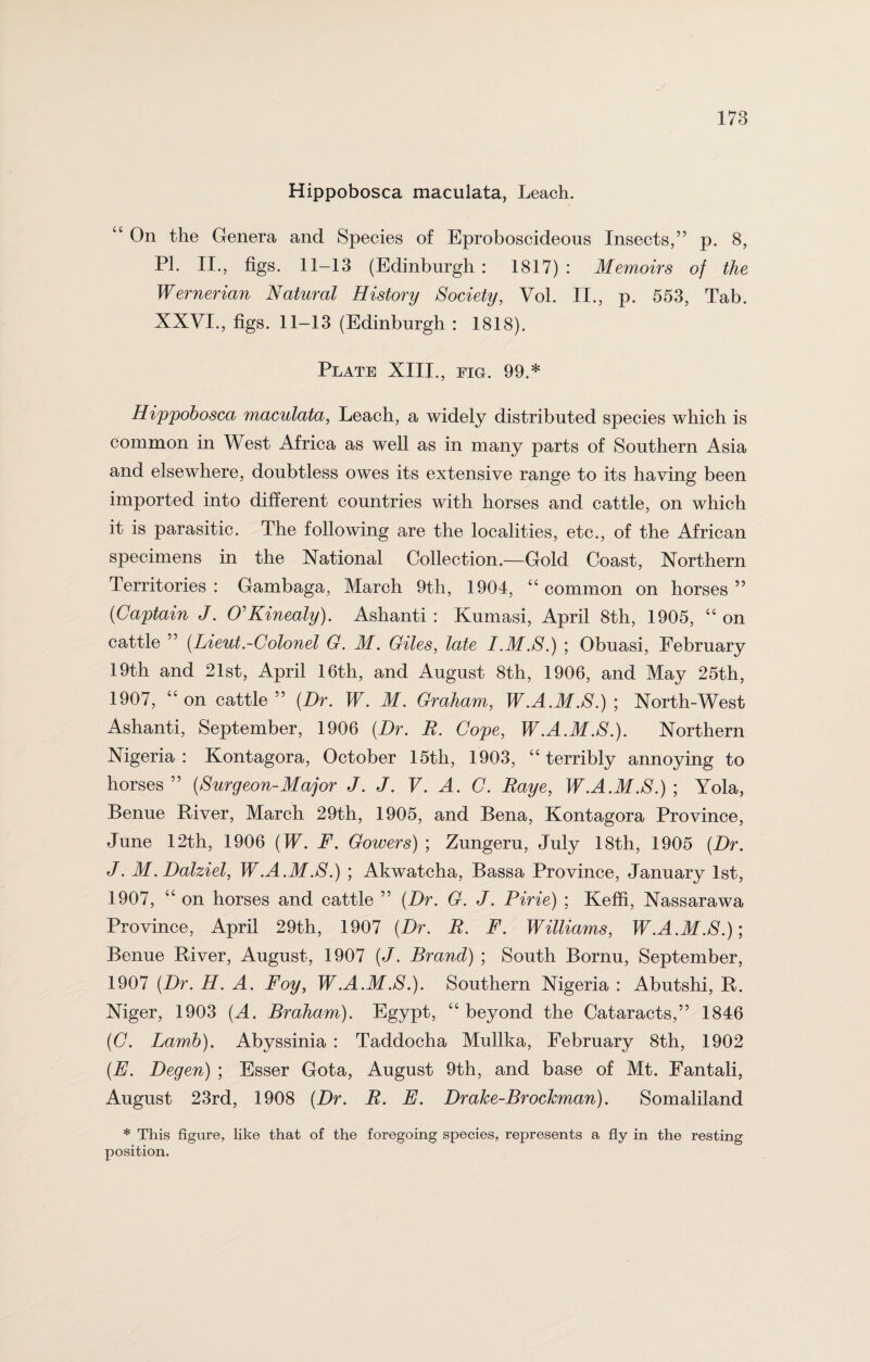 Hippobosca maculata, Leach. “ On the Genera and Species of Eproboscideous Insects,” p. 8, PI. II., figs. 11-13 (Edinburgh : 1817) : Memoirs of the Wernerian Natural History Society, Vol. II., p. 553, Tab. XXVI., figs. 11-13 (Edinburgh : 1818). Plate XIII., fig. 99.* Hippobosca maculata, Leach, a widely distributed species which is common in West Africa as well as in many parts of Southern Asia and elsewhere, doubtless owes its extensive range to its having been imported into different countries with horses and cattle, on which it is parasitic. The following are the localities, etc., of the African specimens in the National Collection.—Gold Coast, Northern Territories : Gambaga, March 9th, 1904, “ common on horses ” {Captain J. O'Kinealy). Ashanti : Kumasi, April 8th, 1905, “ on cattle ” (Lieut.-Colonel G. M. Giles, late I.M.S.) ; Obuasi, February 19th and 21st, April 16th, and August 8th, 1906, and May 25th, 1907, “ on cattle” (Dr. W. M. Graham, W.A .M.S.) ; North-West Ashanti, September, 1906 (Dr. R. Cope, W.A.M.S.). Northern Nigeria: Kontagora, October 15th, 1903, “terribly annoying to horses ” (Surgeon-Major J. J. V. A. C. Raye, W.A.M.S.) ; Yola, Benue River, March 29th, 1905, and Bena, Kontagora Province, June 12th, 1906 (IT. F. Gowers) ; Zungeru, July 18th, 1905 (Dr. J. M. Dalziel, W.A.M.S.) ; Akwatcha, Bassa Province, January 1st, 1907, “ on horses and cattle ” (Dr. G. J. Pirie) ; Keffi, Nassarawa Province, April 29th, 1907 (Dr. R. F. Williams, W.A.M.S.)-, Benue River, August, 1907 (J. Brand) ; South Bornu, September, 1907 (Dr. H. A. Foy, W.A.M.S.). Southern Nigeria : Abutshi, R. Niger, 1903 (A. Braham). Egypt, “ beyond the Cataracts,” 1846 (C. Lamb). Abyssinia : Taddocha Mullka, February 8th, 1902 (E. Degen) ; Esser Gota, August 9th, and base of Mt. Fantali, August 23rd, 1908 (Dr. R. E. DraJce-BrocJcman). Somaliland * This figure, like that of the foregoing species, represents a fly in the resting position.