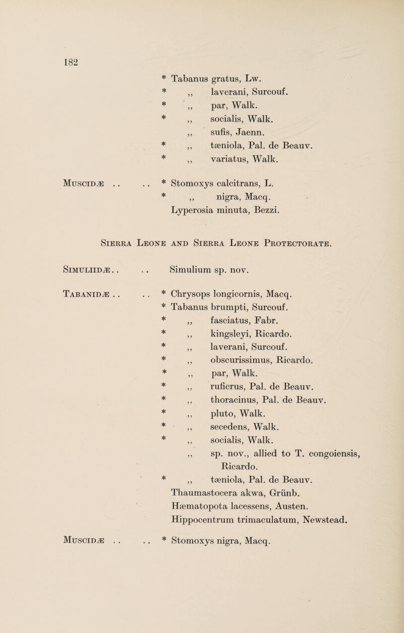 * Tabanus gratus, Lw. * ,, laverani, Surcouf. * ,, par, Walk. * ,, socialis, Walk. ,, sufis, Jaenn. * ,, tseniola, Pal. de Beauv. * ,, variatus, Walk. Muscid^: .. * • • Stomoxys calcitrans, L. * ,, nigra, Macq. Lyperosia minuta, Bezzi. Sierra Leone and Sierra Leone Protectorate. SlMULIIDiE.. ■ • Simulium sp. nov. Tabanid^e .. * • # Chrysops longicornis, Macq. * Tabanus brumpti, Surcouf. * ,, fasciatus, Fabr. * ,, kingsleyi, Ricardo. * ,, laverani, Surcouf. * ,, obscurissimus, Ricardo. * ,, par, Walk. * ,, ruficrus, Pal. de Beauv. * ,, thoracinus, Pal. de Beauv. * ,, pluto, Walk. * secedens, Walk. * ,, socialis, Walk. ,, sp. nov., allied to T. congoiensis Ricardo. ,, tseniola, Pal. de Beauv. Thaumastocera akwa, Griinb. Hsematopota lacessens, Austen. Hippocentrum trimaculatum, Newstead. Muscidje . . * • » Stomoxys nigra, Macq.