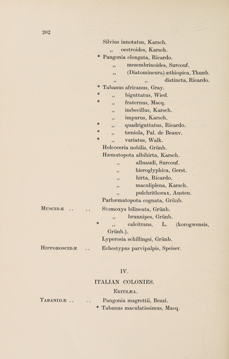 Muscid,® .. HjPPOBOSCIDiE Tabanid^: .. Silvius innotatus, Karsch. „ oestroides, Karsch. * Pangonia elongata, Ricardo. „ mesembrinoides, Surcouf. ,, (Diatomineura) sethiopica, Thunb. „ „ distincta, Ricardo. * Tabanus africanus, Gray. * ,, biguttatus, Wied. * „ fraternus, Macq. „ imbecillus, Karsch. ,, impurus, Karsch. * „ quadriguttatus, Ricardo. * „ taeniola, Pal. de Beauv. * „ variatus, Walk. Holcoceria nobilis, Griinb. Haematopota albihirta, Karsch. ,, alluaudi, Surcouf. ,, hieroglyphic a, Gerst. ,, hirta, Ricardo. ,, maculiplena, Karsch. ,, pulchrithorax, Austen. Parhsematopota cognata, Griinb. Stomoxys bilineata, Griinb. „ brunnipes, Griinb. * ,, calcitrans, L. (korogwensis, Griinb.). Lyperosia schillingsi, Griinb. Echestypus parvipalpis, Speiser. IV. ITALIAN COLONIES. Eritrea. Pangonia magrettii, Bezzi. * Tabanus maculatissimus, Macq.
